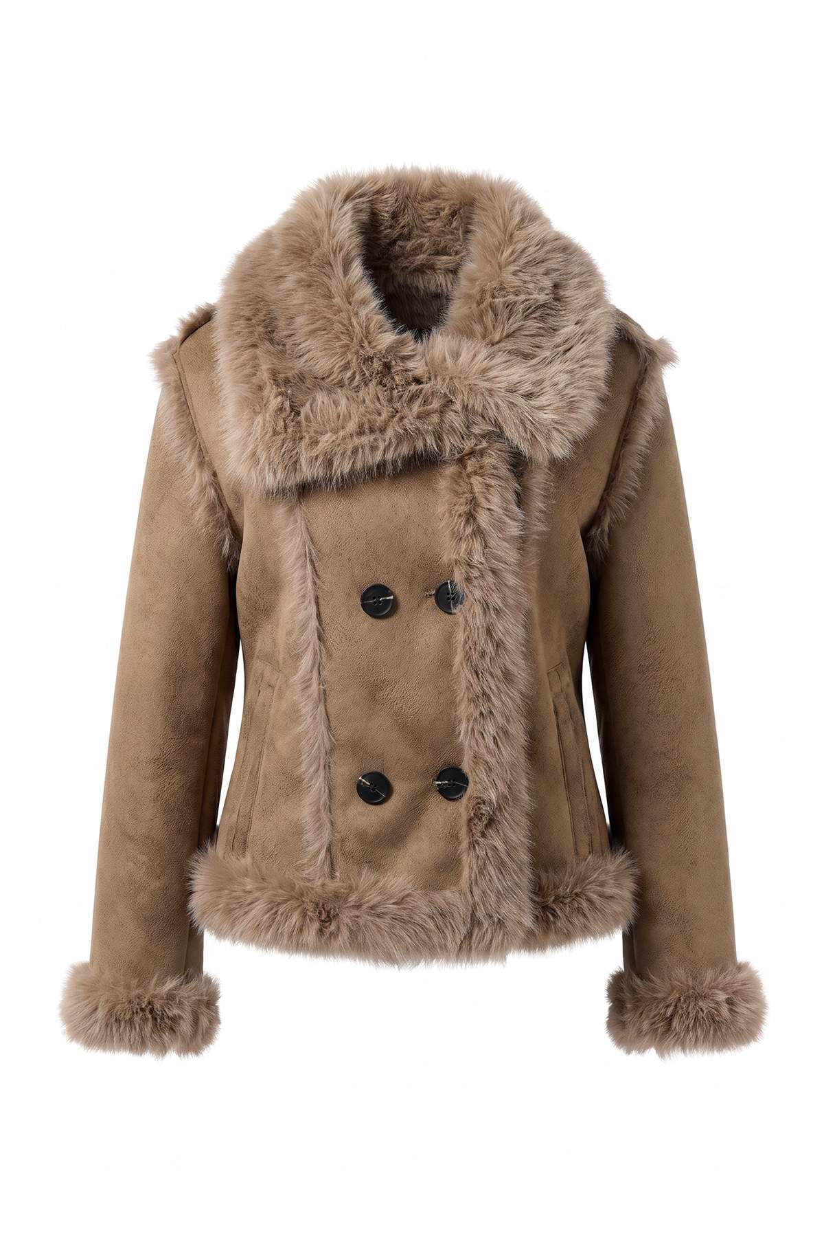 Trendyolmilla Vizon Oversize Kalıp Geniş Kürk Yakalı Suni Kürklü Mont TWOAW27MO00038