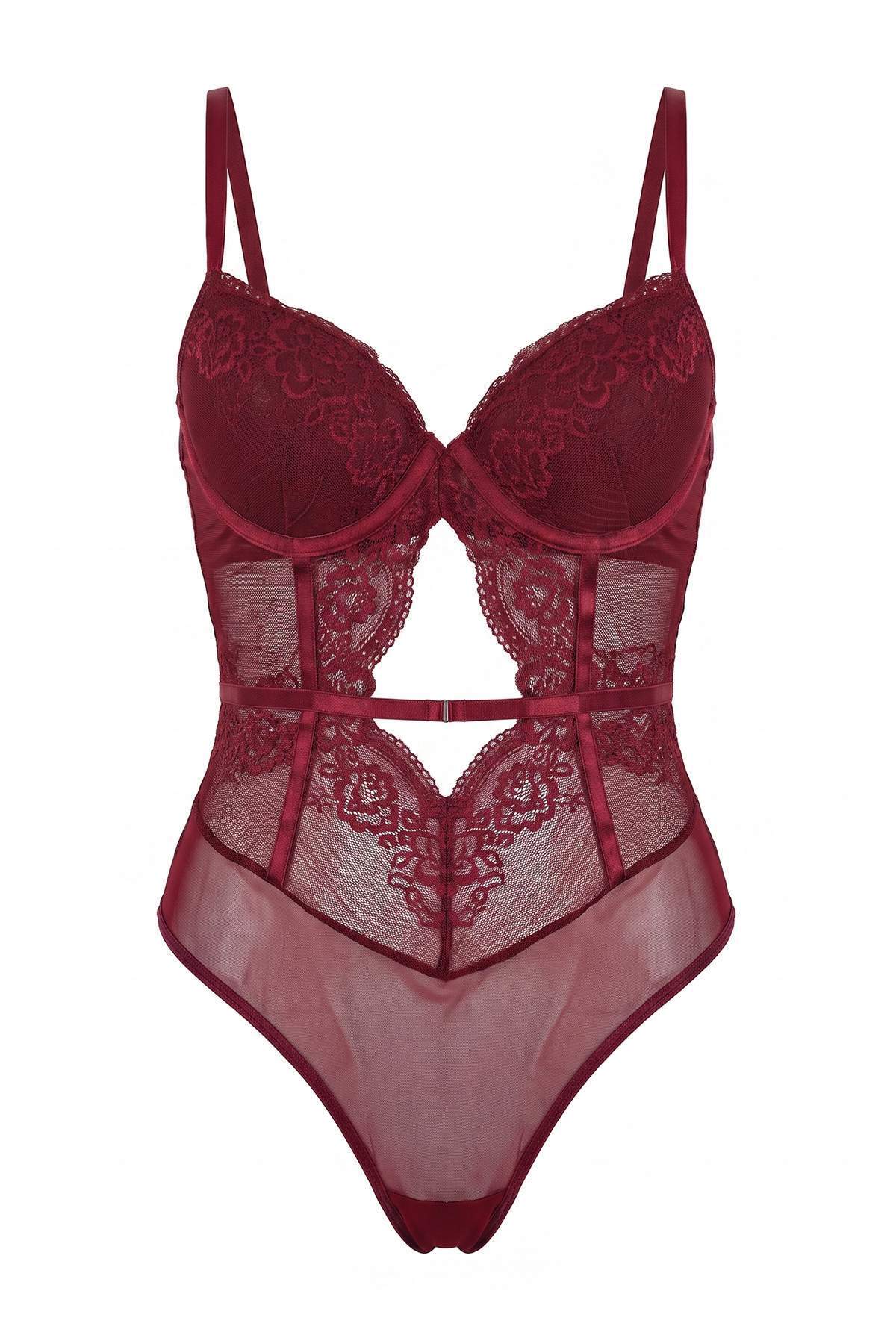 Trendyolmilla Bordo İnce Askılı Dantel Kaplı Örme Body THMAW27BD00005