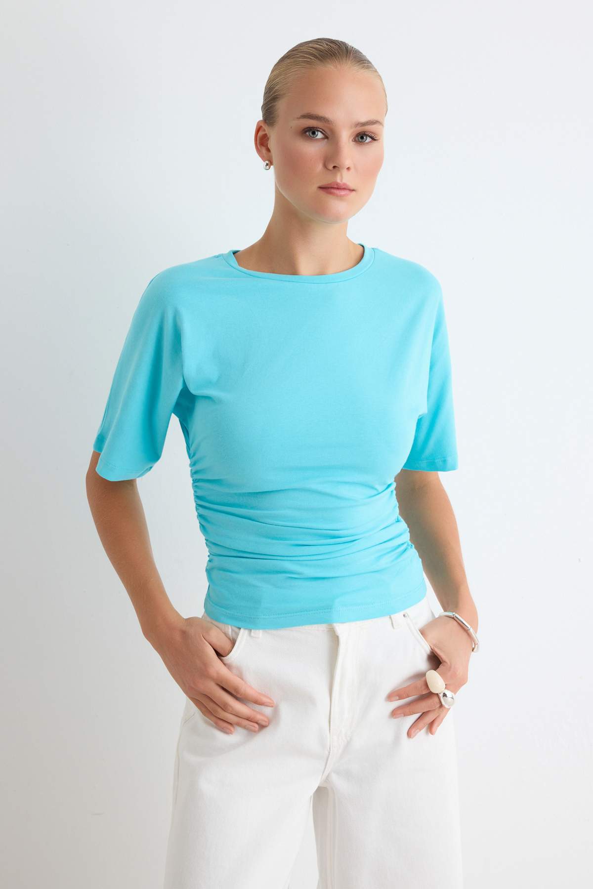 Trendyol Collection Turquoise Plain Fitted Crew Neck Three Quarter Sleeve Gathered Cotton Stretch Knitted T-Shirt Twoss26Ts00052