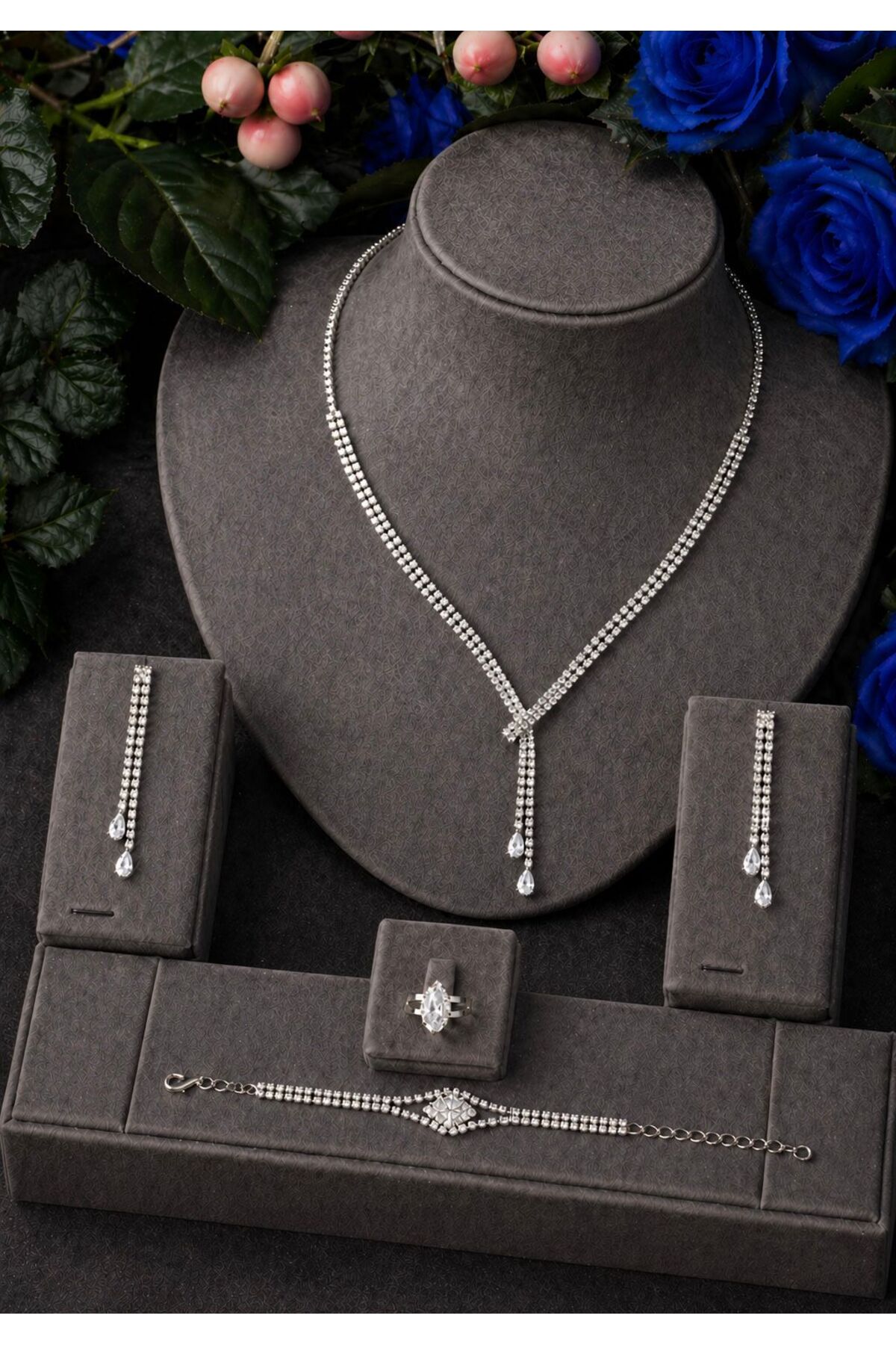 Estelle Drop Glitter Silver Plated Zircon Gemstone Jewelry Set
