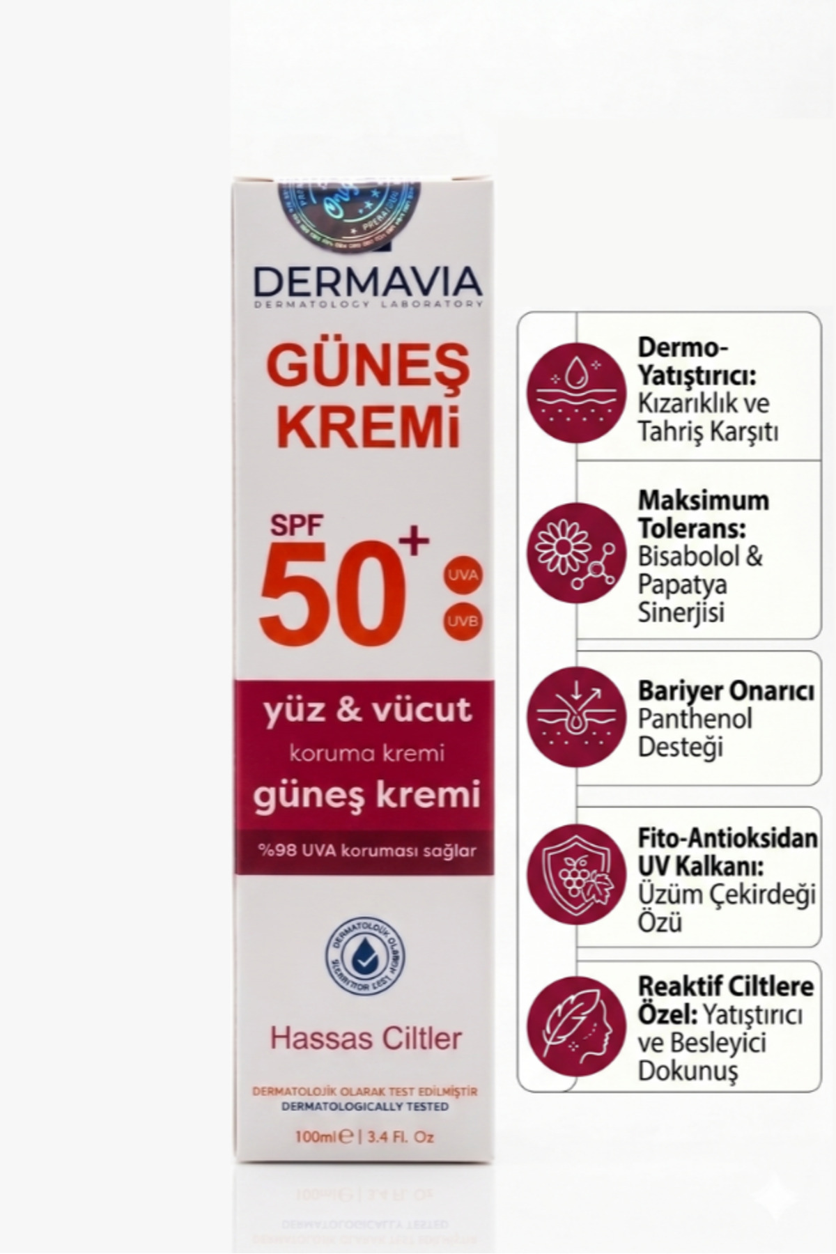 SPF 50+ Hassas Ciltler İçin Yüz ve Vücut Güneş Kremi 100 ml, Yüksek Koruma — Dermavia11 — تصویر 2 از 8