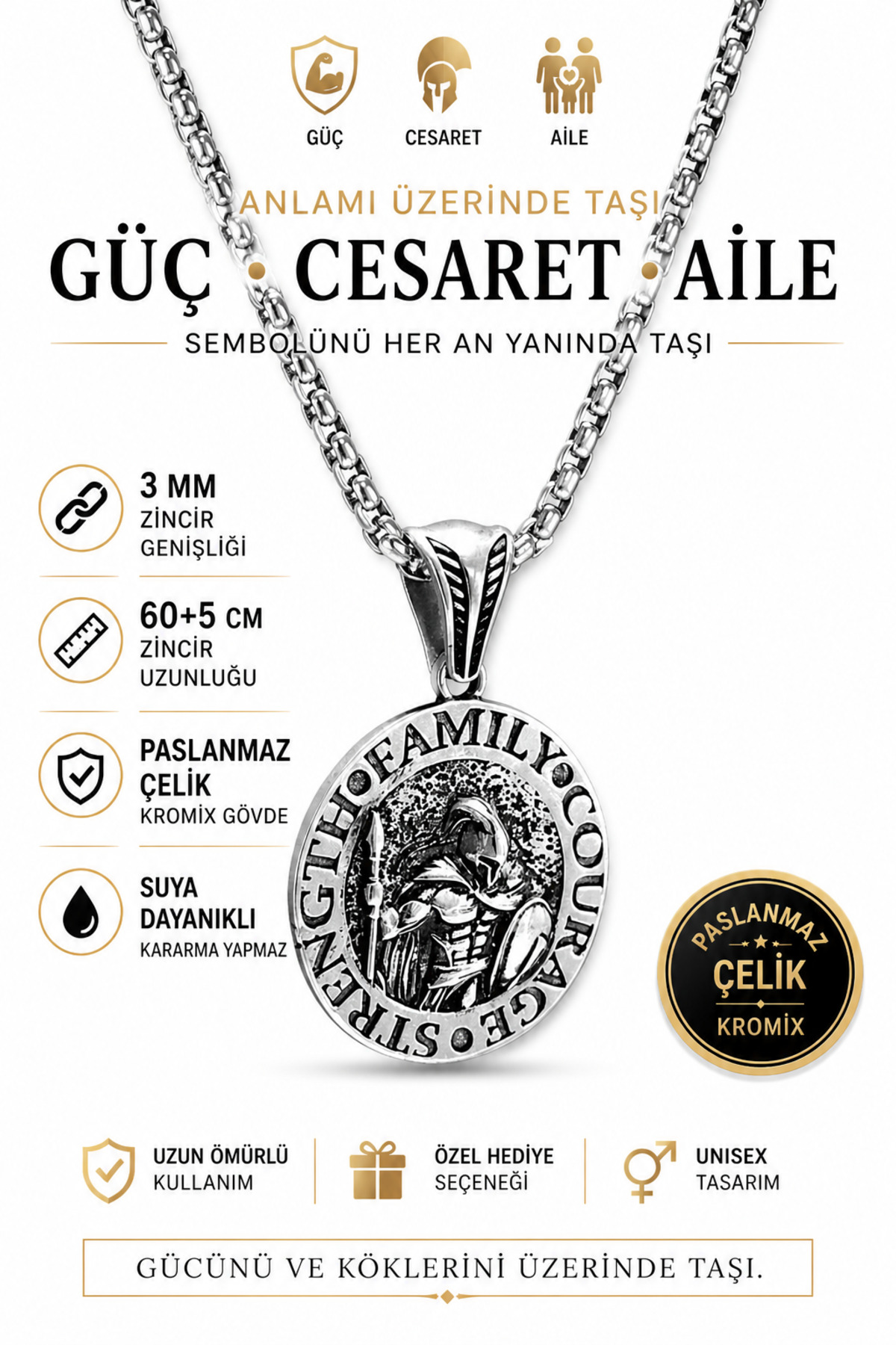 Male, Courage, Strength,Family K-107 Stainless Chromix Steel Silver Plated Necklace