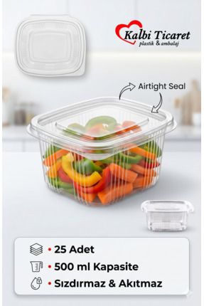 Kalbi Ticaret Plastik Saklama Kabı 500 gr 25 Adet Plastik Kapaklı Kase Sızdır...