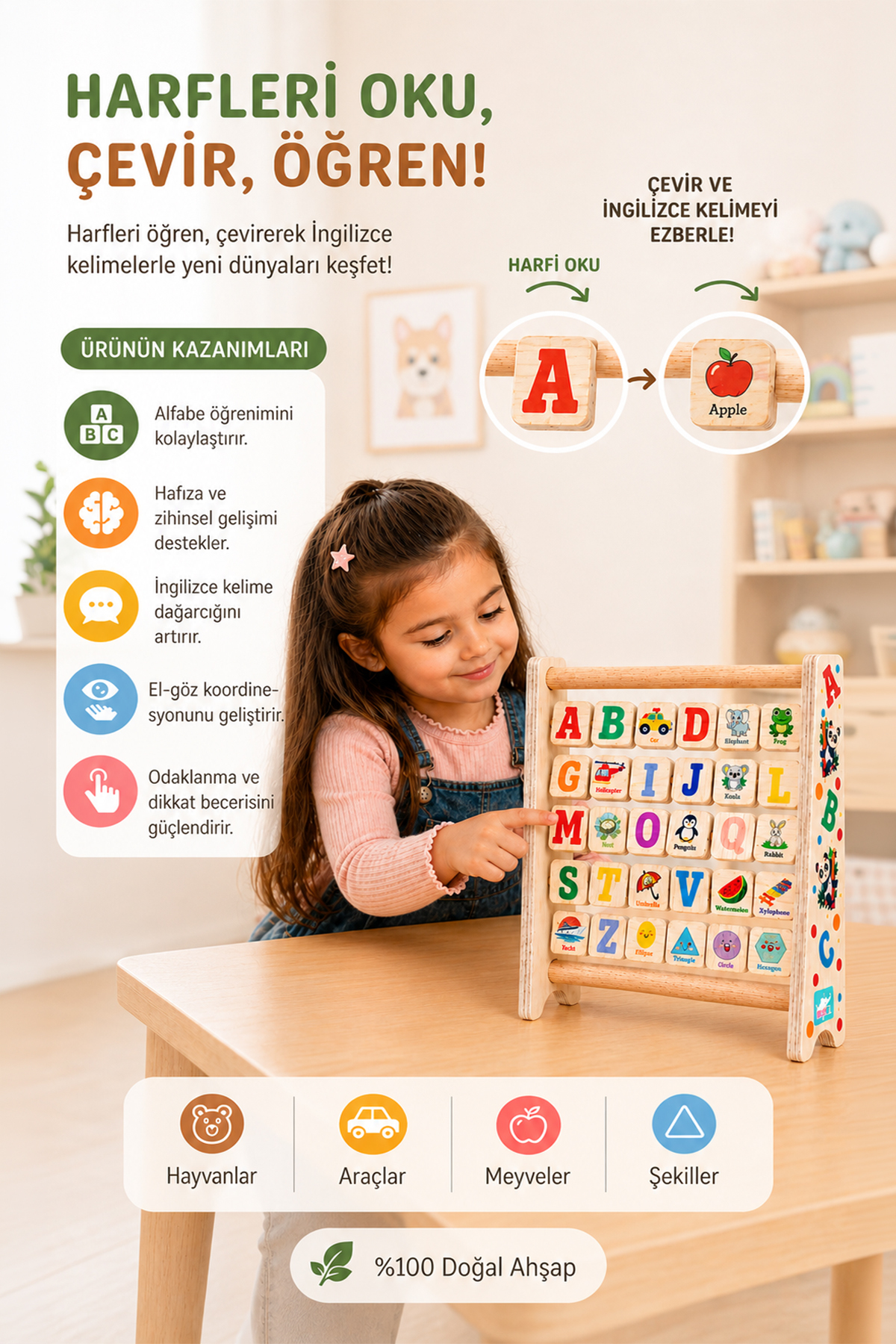 じあたまクラス 3-10月 学習用ペーパーセット Hopiers Ahşap Alfabe Abaküs/3+ Yaş/Montessori Renkli Harfler