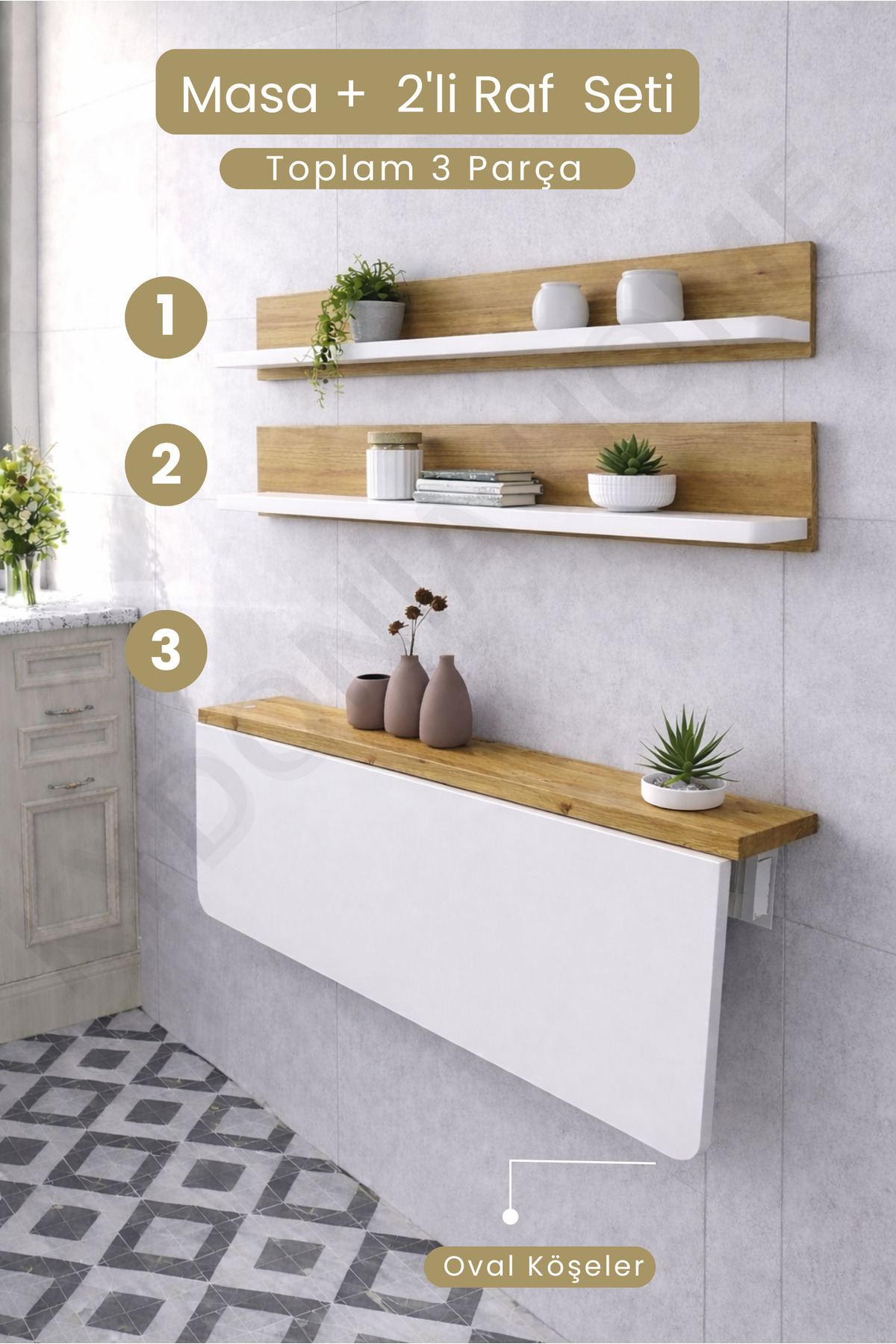 60x90 Folding Wall Mounted Table and 2 Pieces 15x90 Shelf Set White & Pine Pattern Oval Cornered