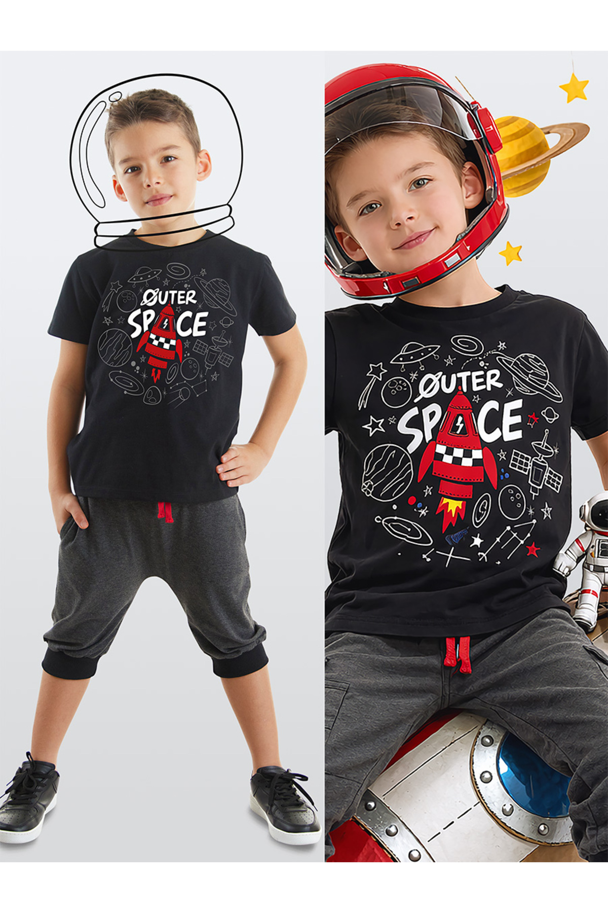 Space Rocket Boys Summer T-shirt Capri Shorts Set