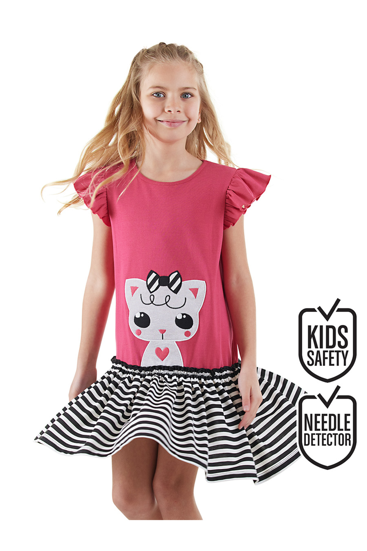 Denokids Kedicik Kız Çocuk Fuşya Yazlık Elbise