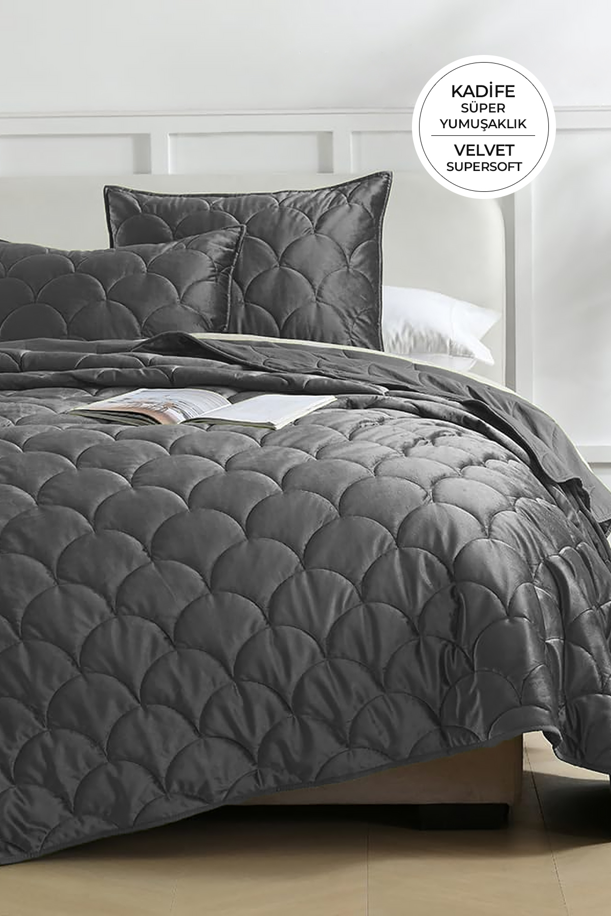 Quilted Velvet Bedspread Set Double Shane Supersoft 3-Piece Anthracite Soft Fiber Filled