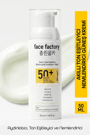 Face Factory Akıllı Ton Eşitleyici Güneş Kremi SPF 50+ Nemlendirici Mavi Işık...