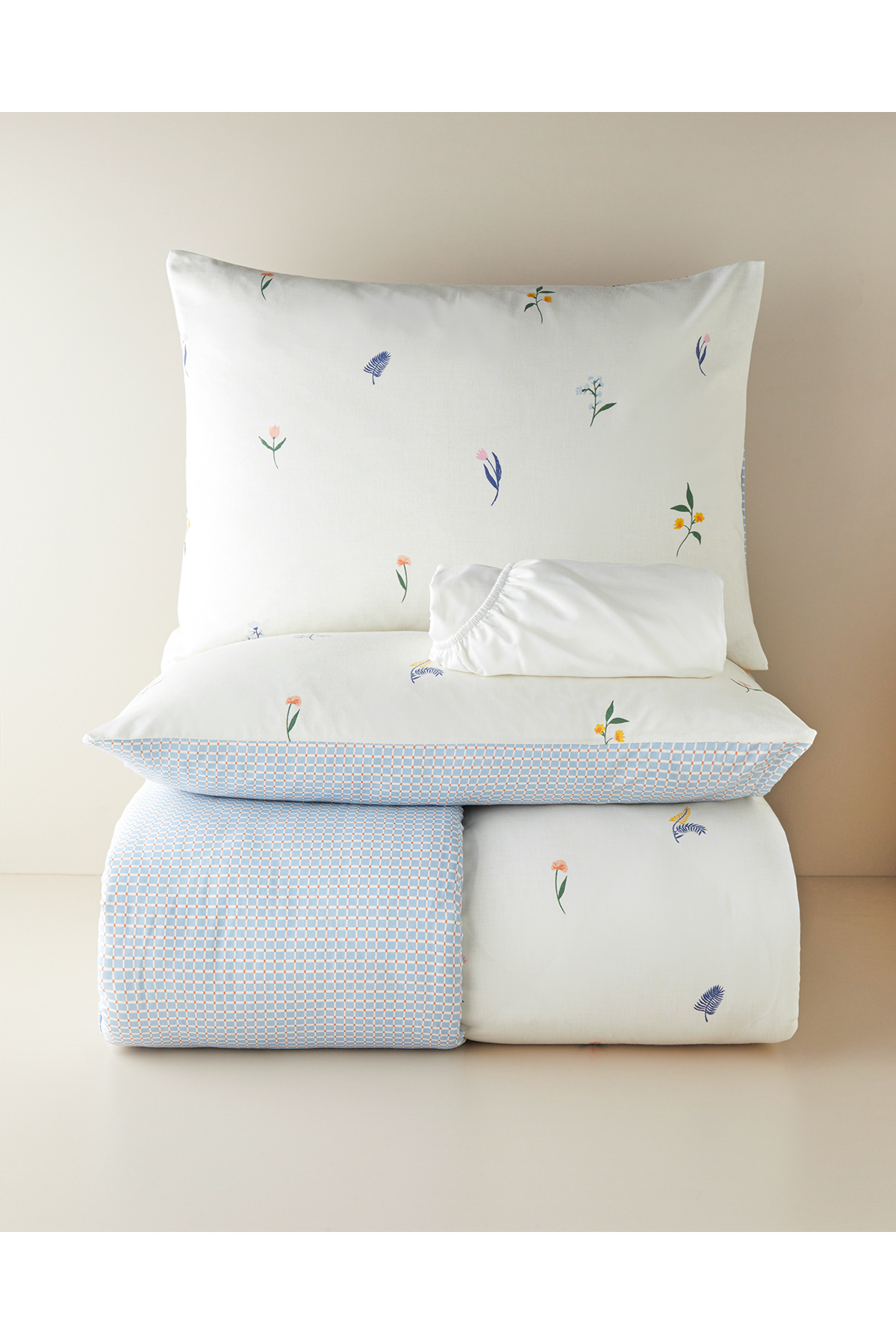 Flowery Kolay Ütülenir Çarşaflı Çift Kişilik Nevresim Takımı 200x220 cm Mavi - Yeşil