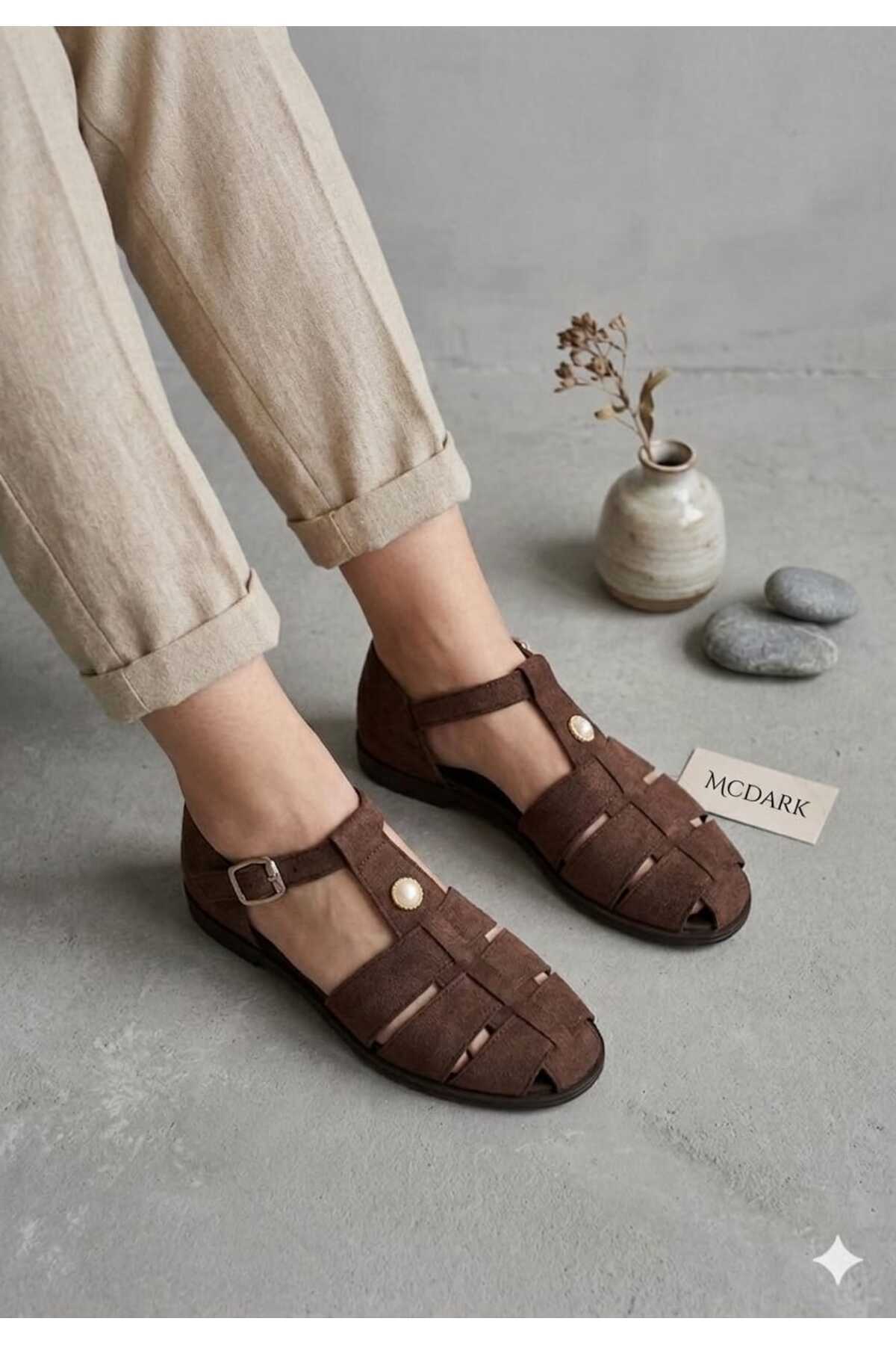 Women's First Brown Suede Flat Sole Buckle Detailed Sandals