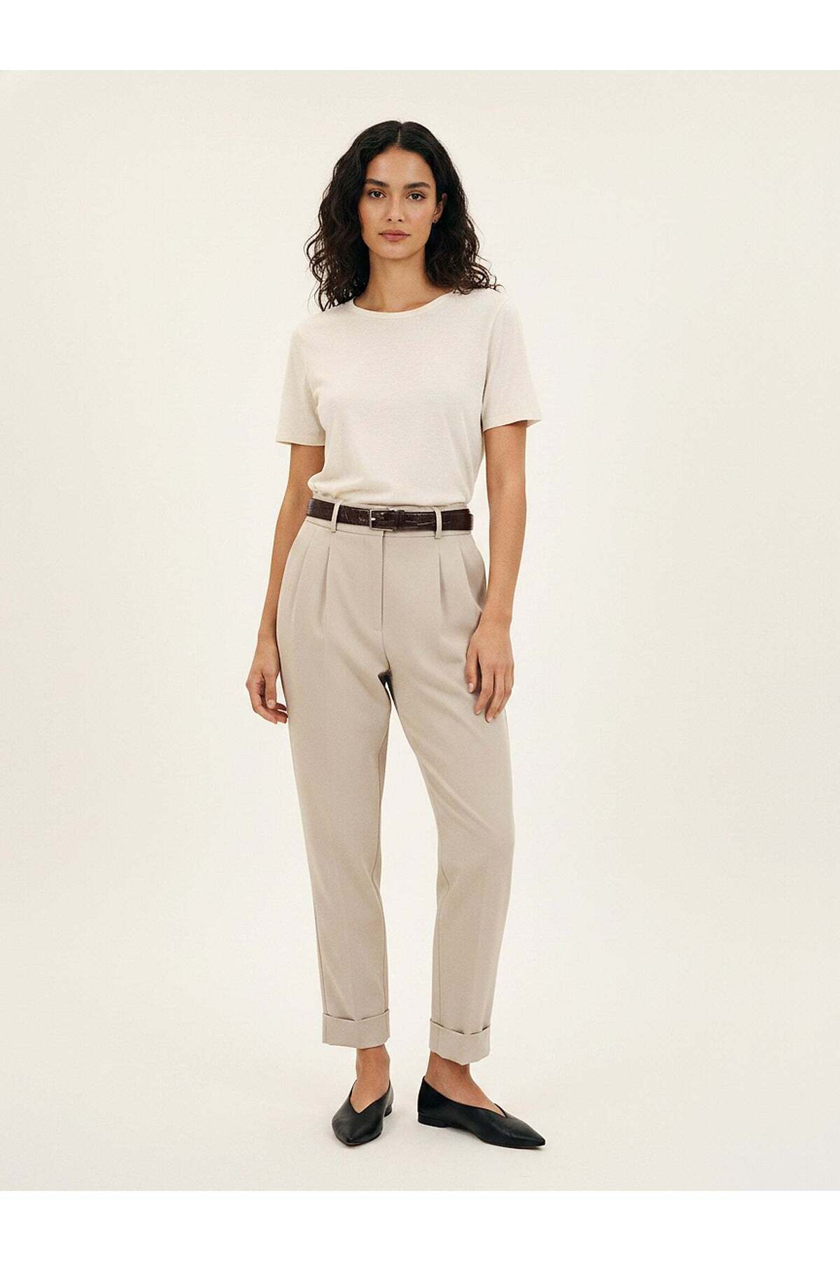 Women's Beige High Waist Trousers – Refine Fit | Flexible Weave | City Elegance | Four Seasons