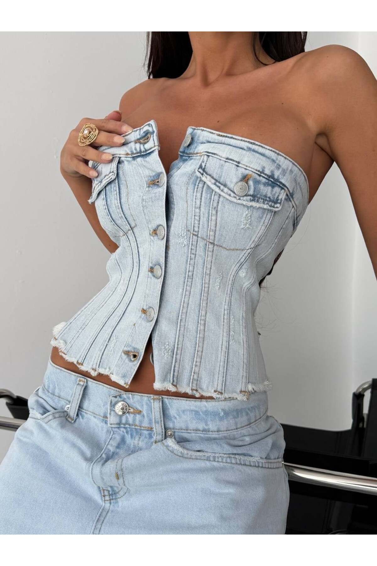 HerTon Ženski 100% pamučni denim bustier – moderni crop top bez naramenica sa...