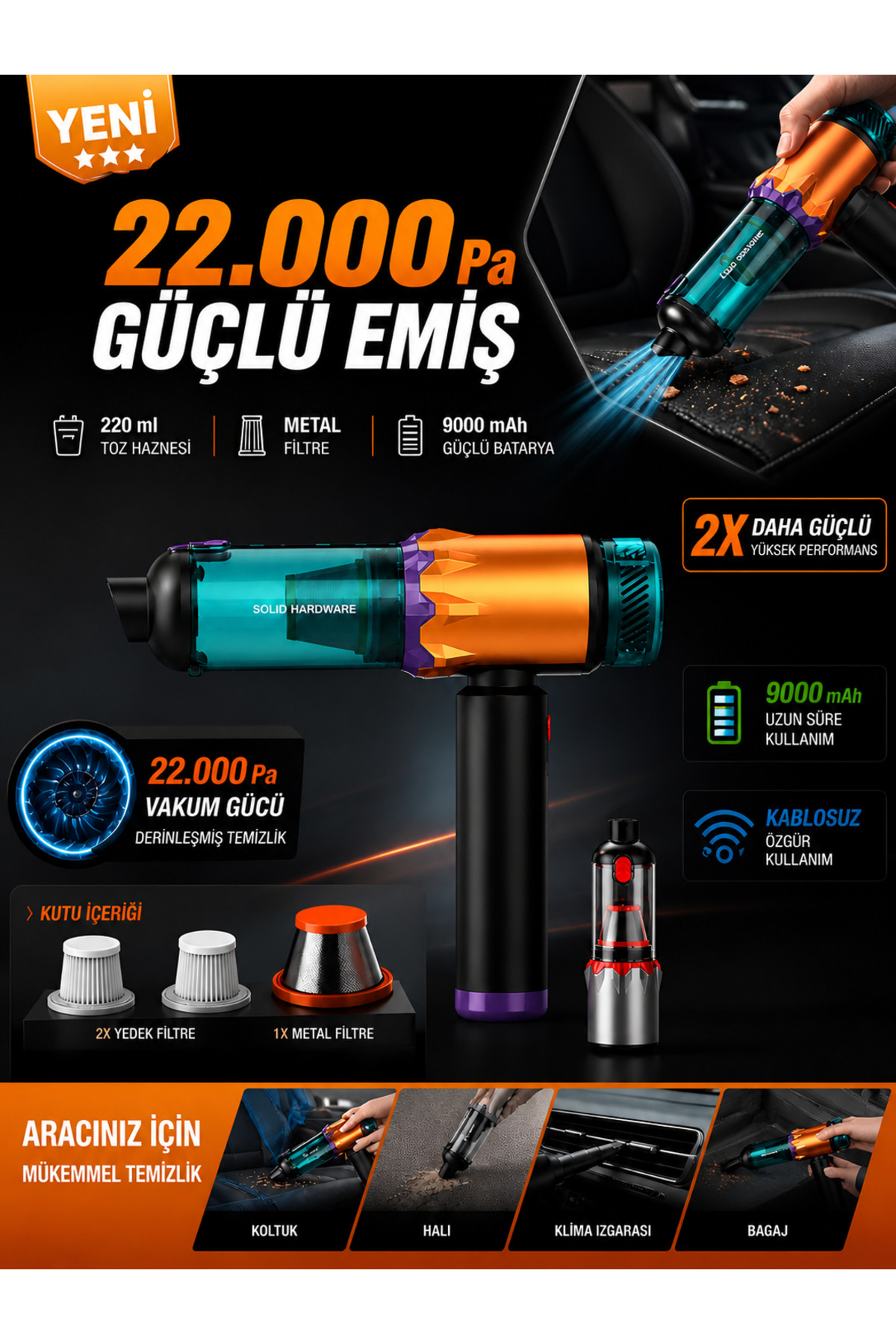 希少USA製HardWire Supenatural AmbientVerb DEANB 22000Pa 220W Ultra Güçlü 9000mAh Kablosuz Araç İçi Süpürge
