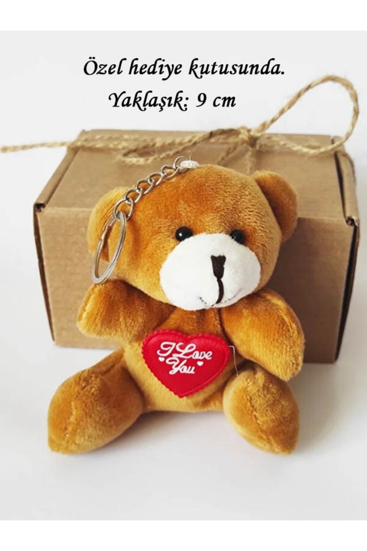 Dark Brown Plush Teddy Heart Teddy Keychain with Kraft Box 9 Cm - Valentine's Day - Bag Ornament
