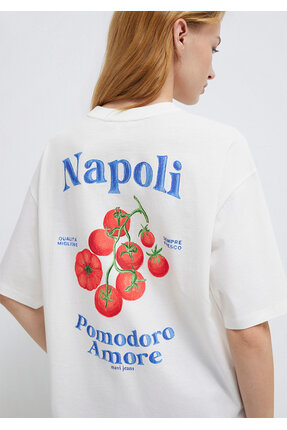 Mavi Napoli Baskılı Ekru Tişört Loose Fit / Bol Rahat Kesim 1614013-70057