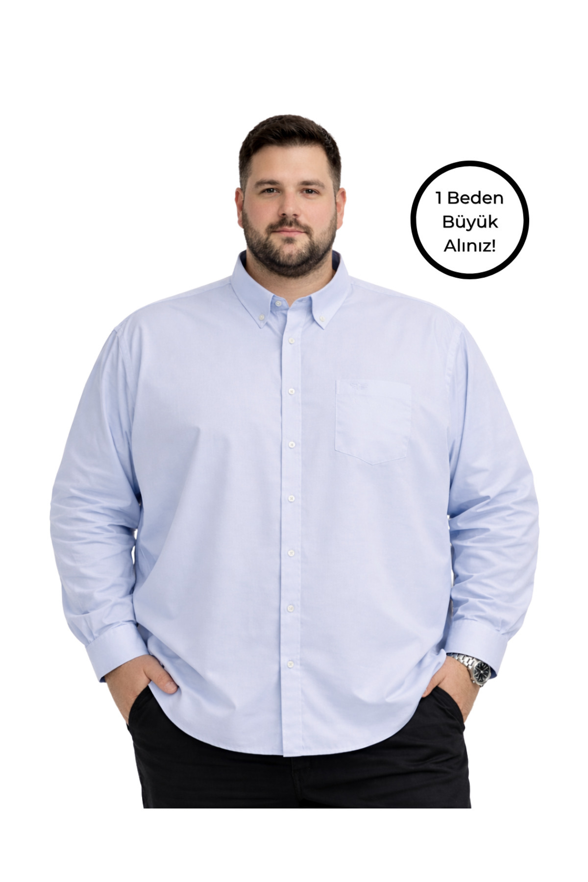 BattalModa Erkek Büyük Beden Açık Mavi Uzun Kollu Gömlek 3XL-4XL-5XL-6XL-7XL-8XL