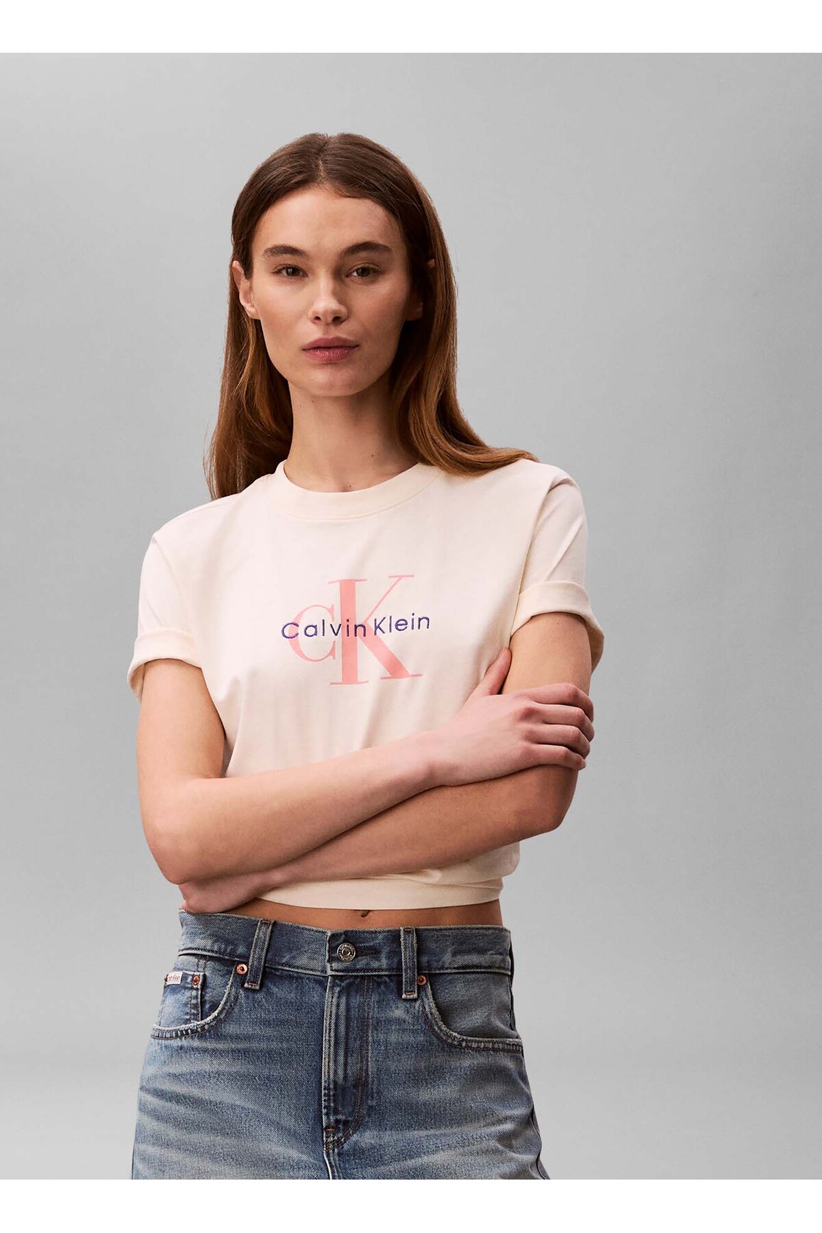 Calvin Klein Jeans Pudra Pembe Kadın Standart Logo Baskılı T-Shirt HERO SS CLASSIC MONOLOGO CNECK T görsel 3