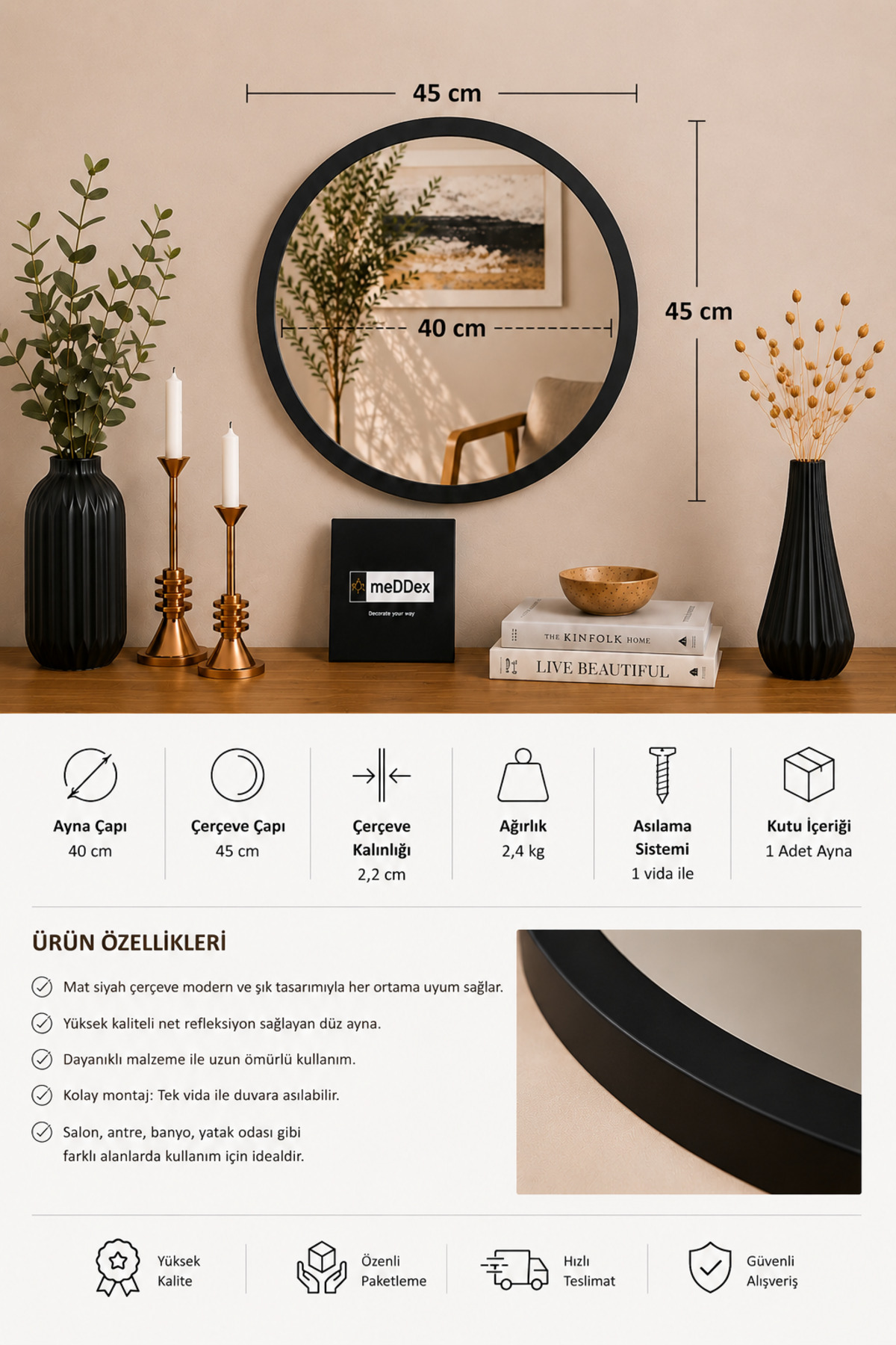 Black Decorative Round Wall Mirror 45cm
