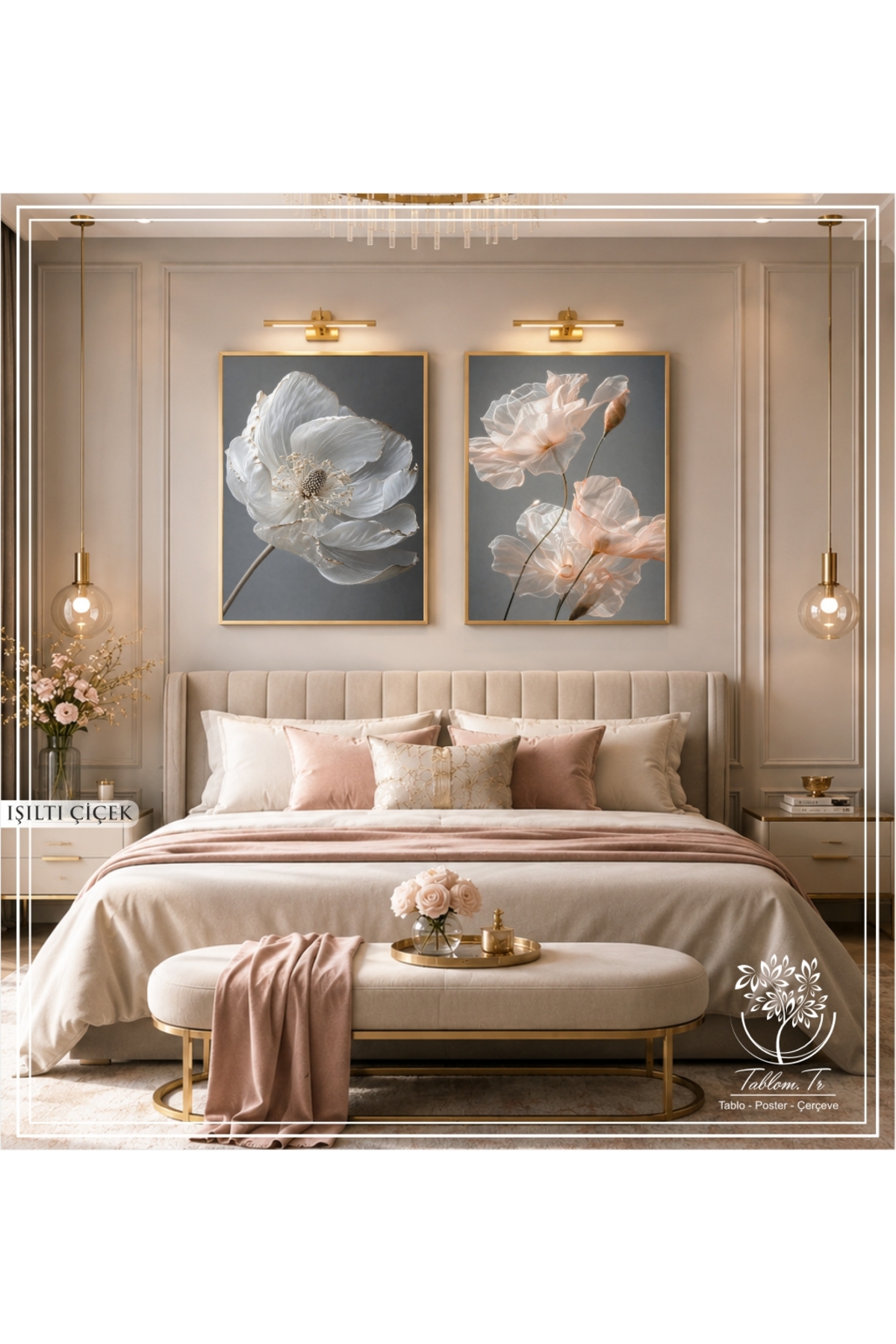 Sparkle Flower - 2-Piece Decorative Painting with Digital Printed Gold Metal Frame and Real Glass