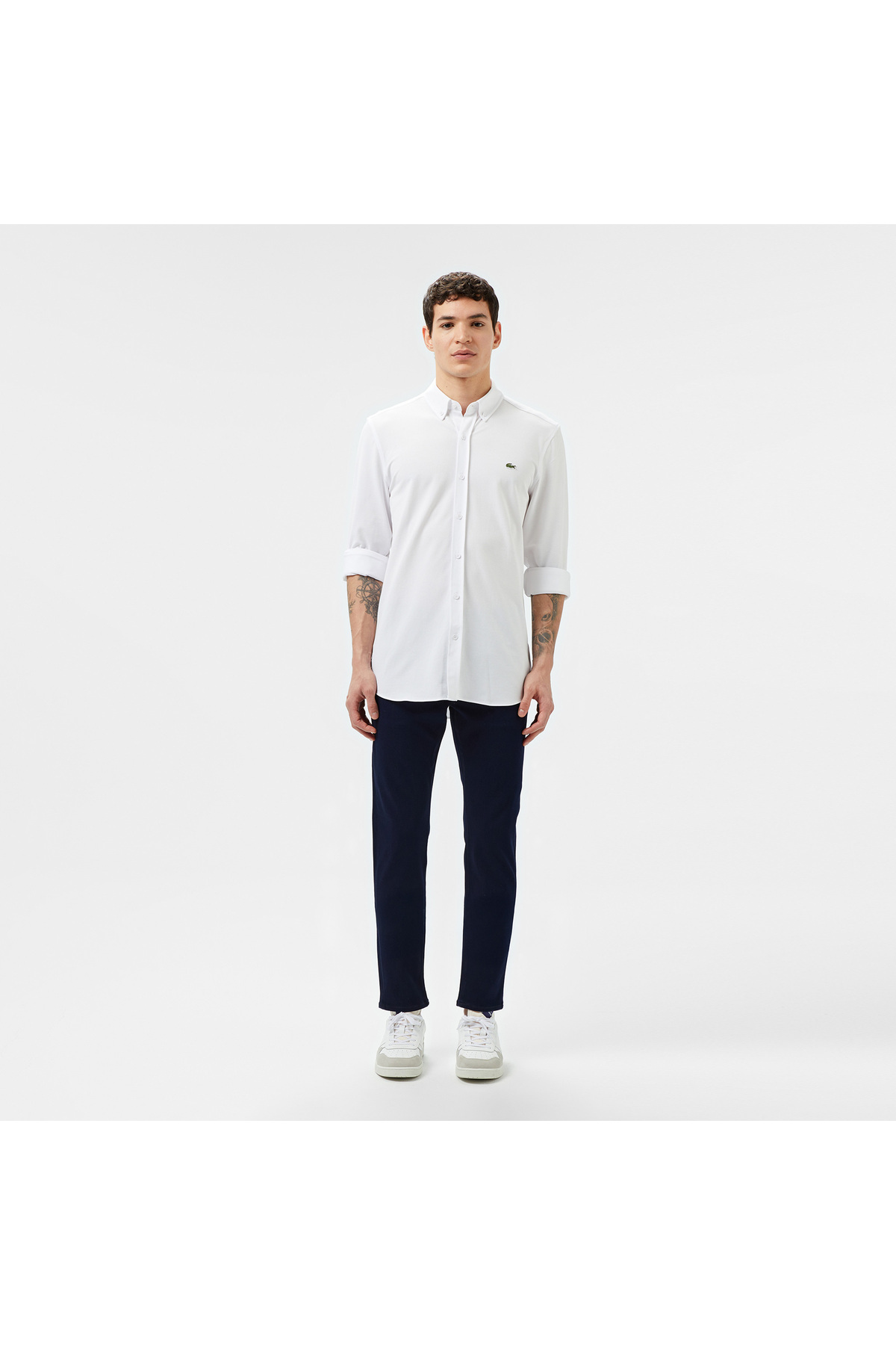 Erkek Slim Fit Düğmeli Yaka Beyaz Gömlek — سفید CH0453 — تصویر 4 از 5