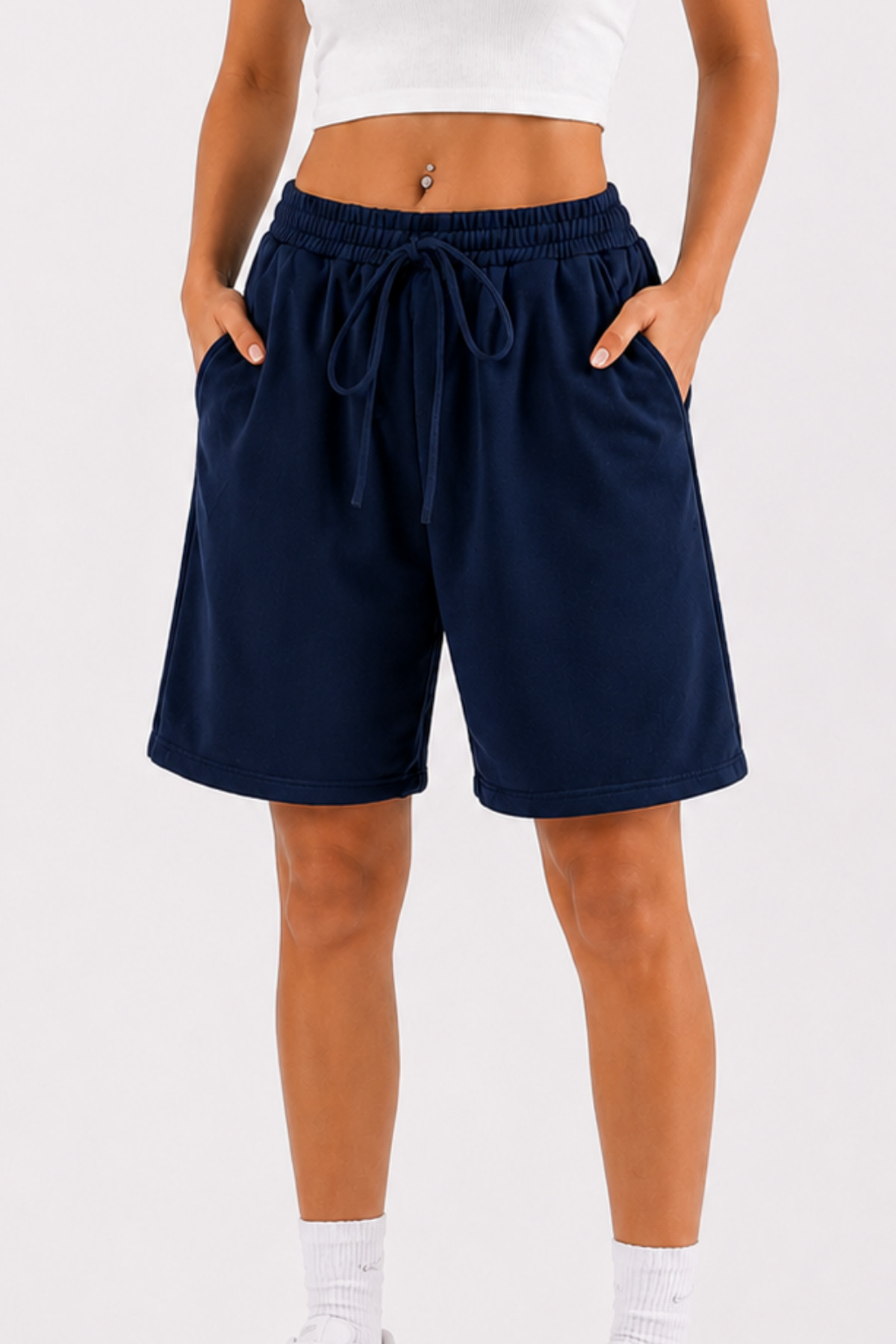 Navy Blue Solid Color Women's Regular Shorts