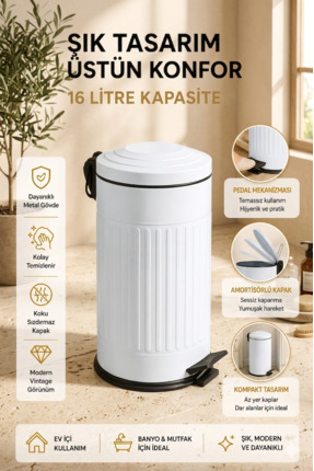 coverest 16 Lt Vintage Serisi Amortisör Kapaklı Beyaz Çöp Kovası (BANYO - MUT...