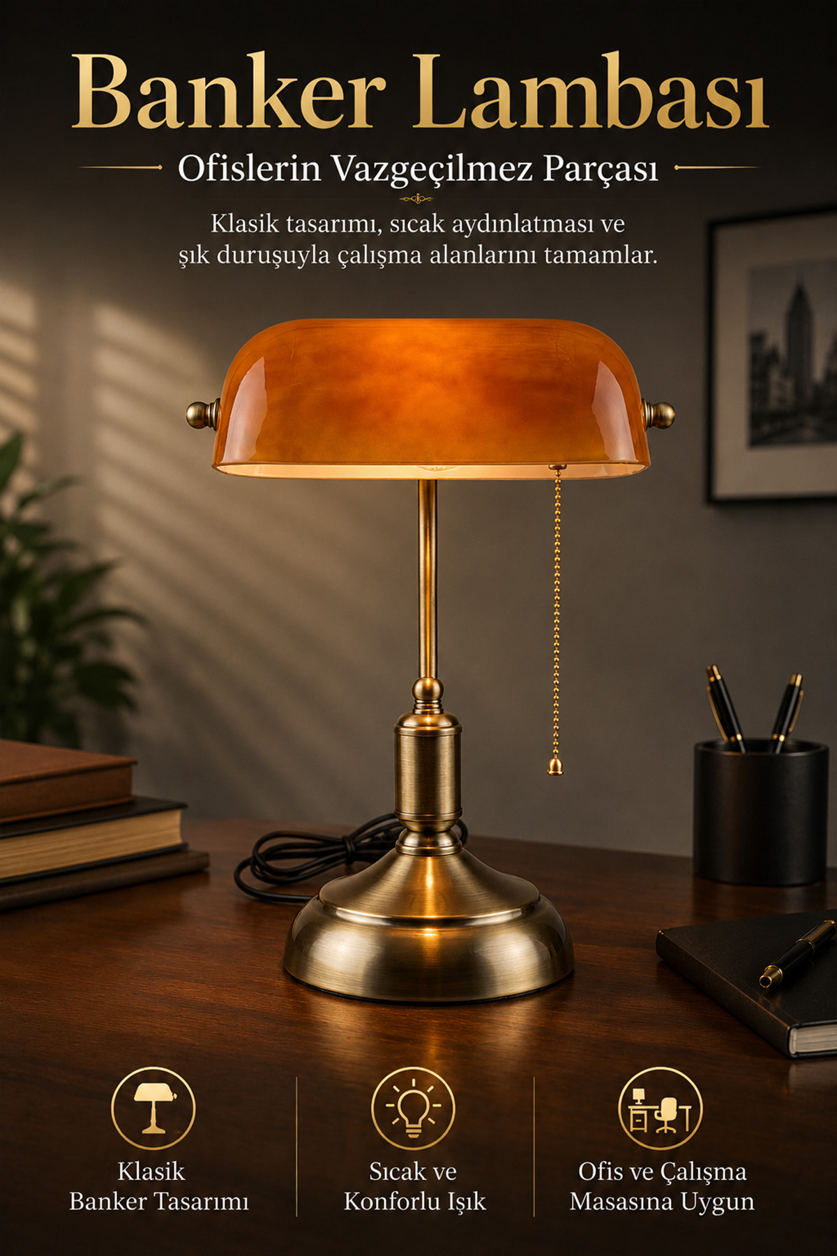 Banker Desk Lamp Amber Glass Aged Body E27 Duy Retro Decorative Desk Lamp (WITH BULB GIFT)