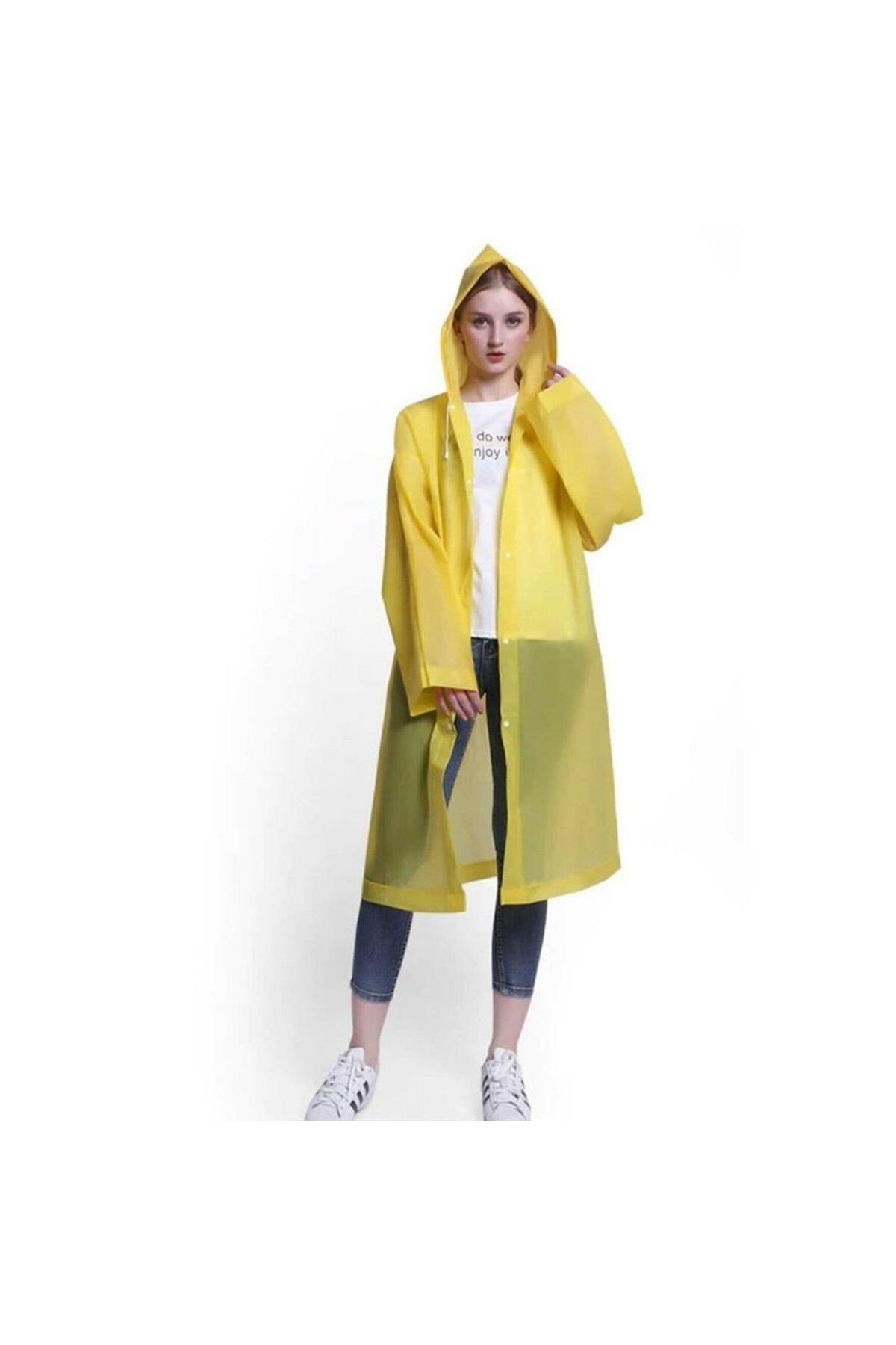 Sarı Kadın Erkek Yağmurluk Kapüşonlu Çıtçıtlı Eva Unisex Pratik Kapşonlu Yağmurluk XL Büyük Beden — زرد H000063-2