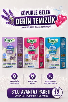 FUNECO Klozet WC Temizleyici Set, 3 Kutu-Her Kutuda 4 Paket, Lavanta, Okyanus...