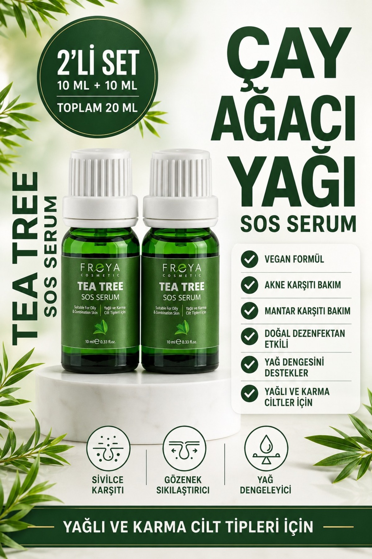 'Çay Ağacı Yağı' Tea Tree SOS Serum 2 Adet 10 ml Akne Siyah Nokta Karşıtı Yağlı Cilt — 508 — تصویر 8 از 8