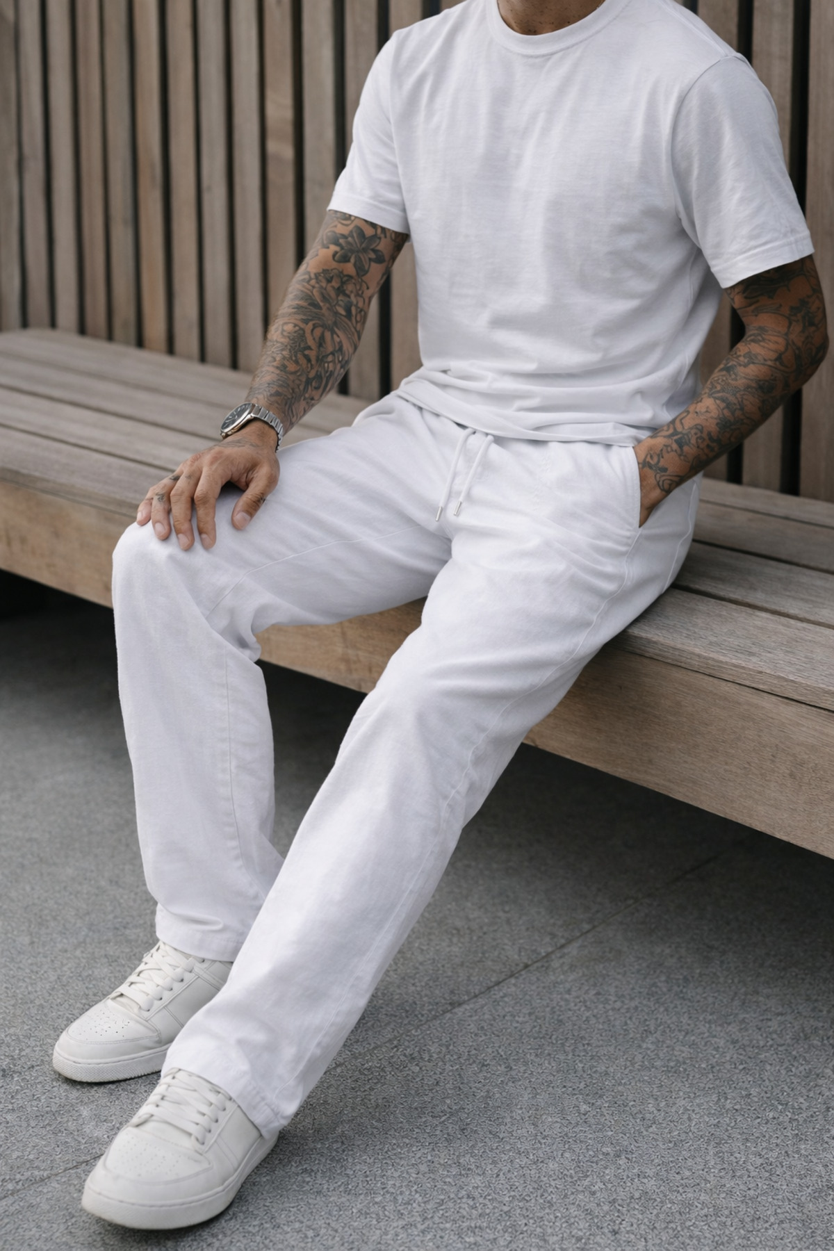 DAMGA JEANS Erkek Premium Jogger Relax Fit Beyaz Keten Pantolon görsel 5