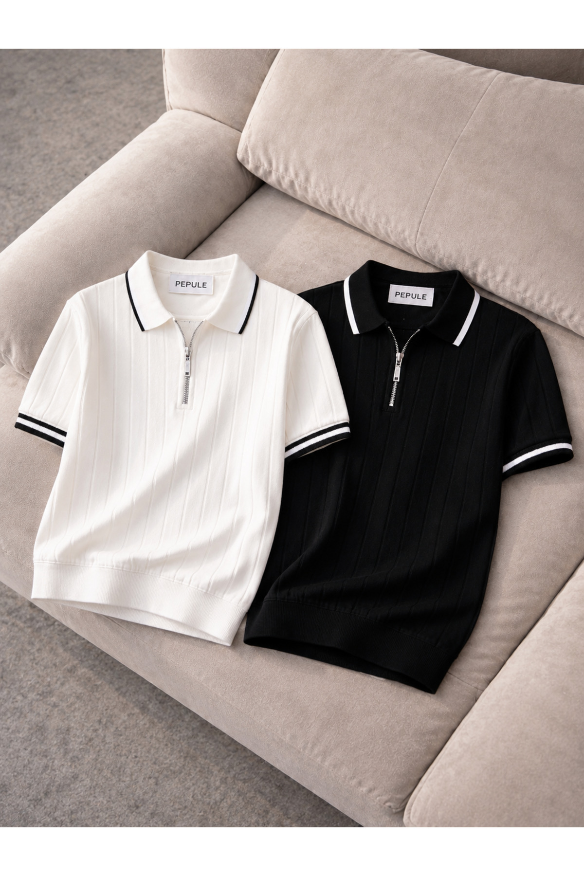 pepule Erkek 2'li Polo Yaka Triko Dokulu yarım fermuarlı Regular Pamuklu Çok Renkli T-shirt