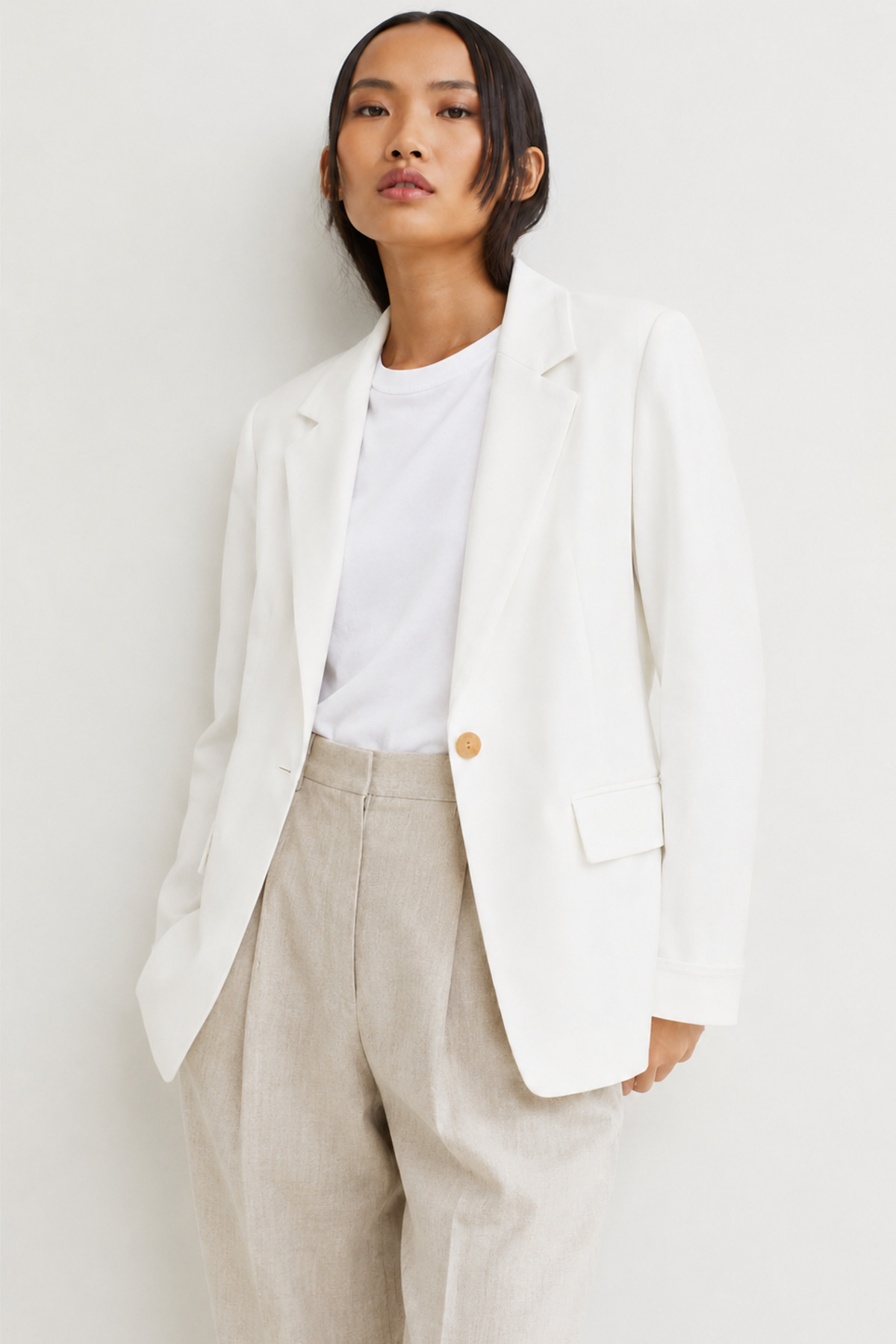 Women's Striped Sleeve Buttoned Blazer Jacket - White