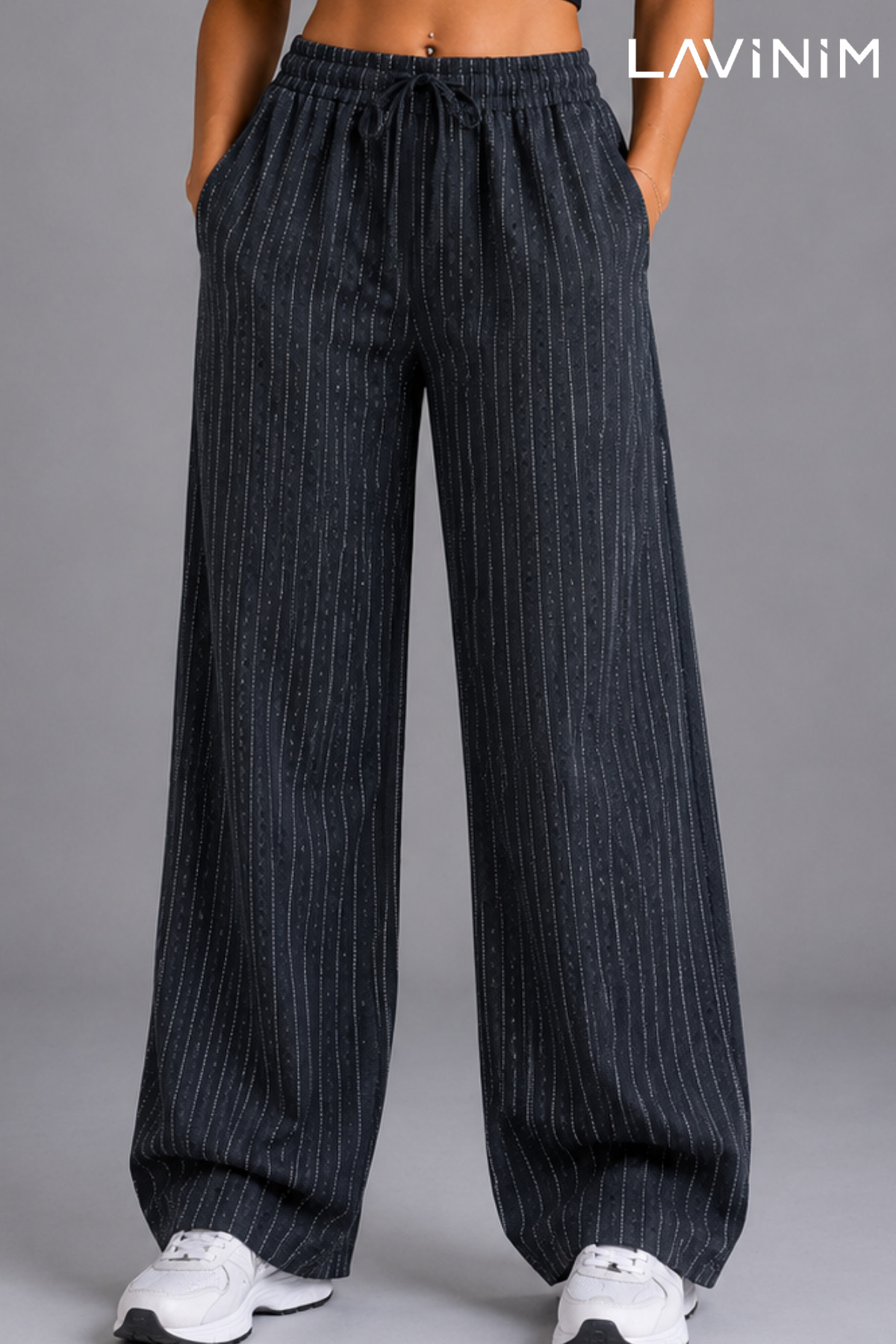 LAVİNİM Linen Striped Women's Wide Leg Trousers with Pockets