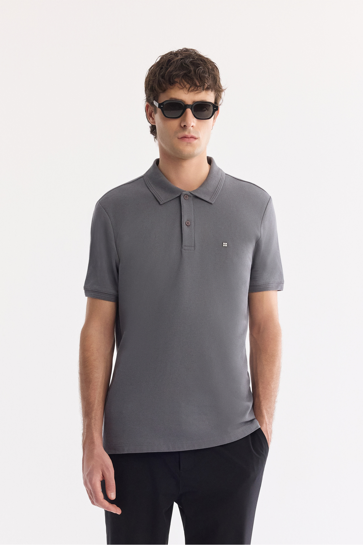 Men's Antifold Anthracite Polo Neck 100% Cotton Basic Regular Fit T-Shirt B001032