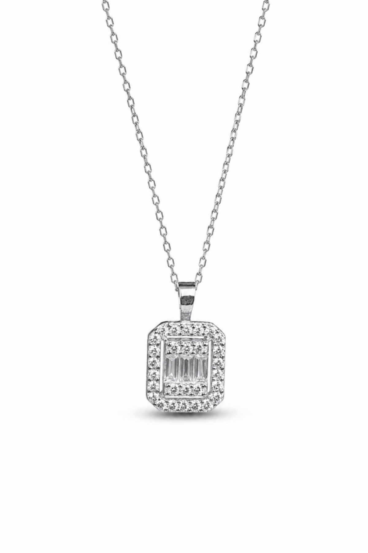 Women's Necklace with Special Box - Single Stone Diamond Model Women's Necklace with Baguette Stone