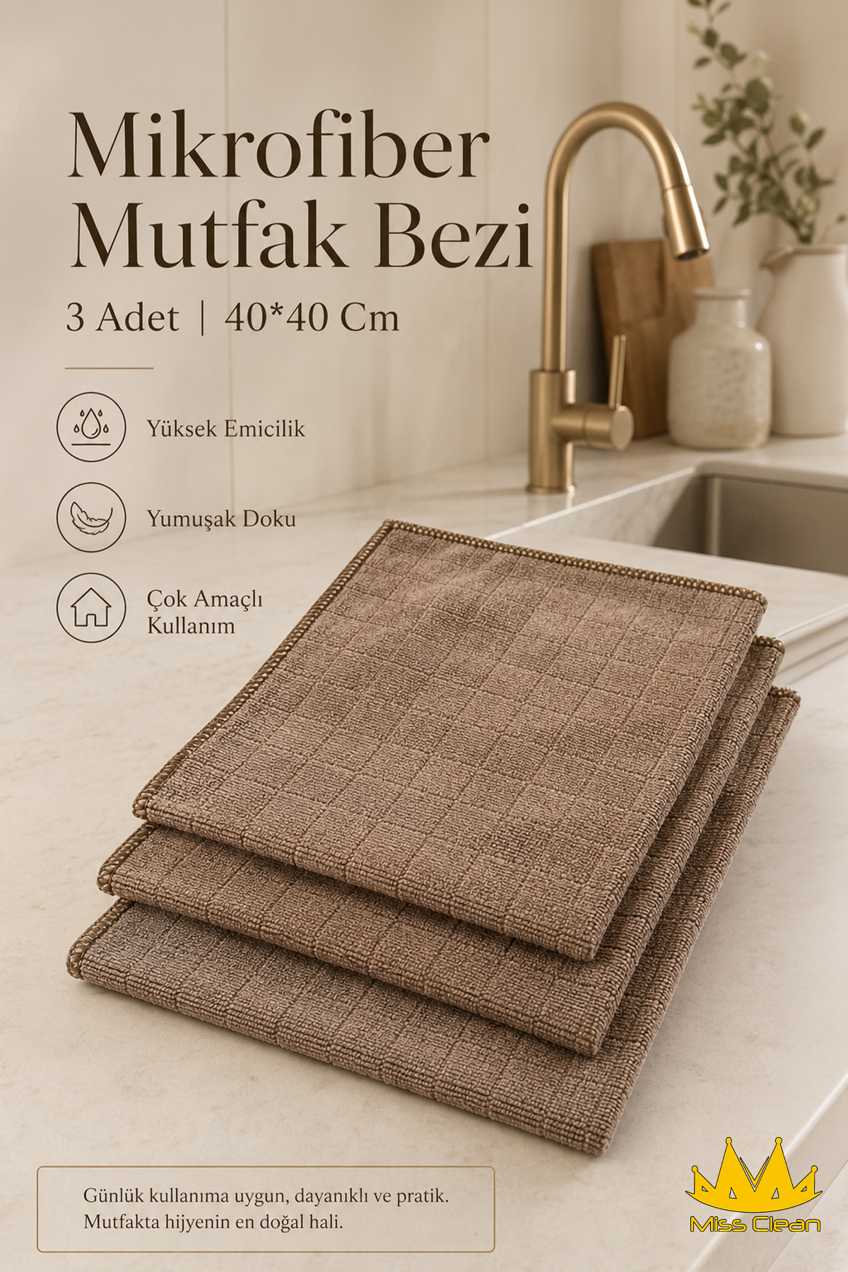 ( 3 Adet ) Kahverengi Mikrofiber Mutfak Temizlik Bezi 40*40 Cm Leke Tutmaz Koku Yapmaz