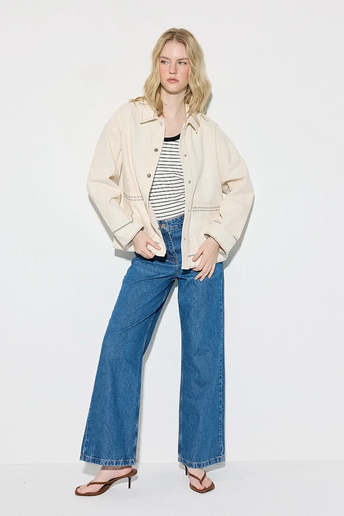 Gusto Nakışlı Kanvas Denim Ceket - Ekru görsel 3
