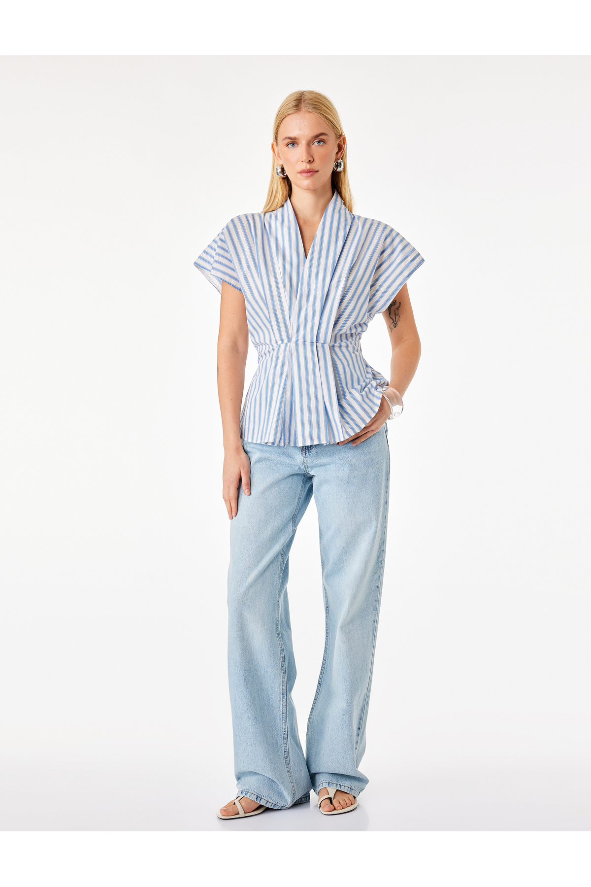Koton Cotton Waist-Slit Sleeveless Double-Breasted Poplin Striped Blouse