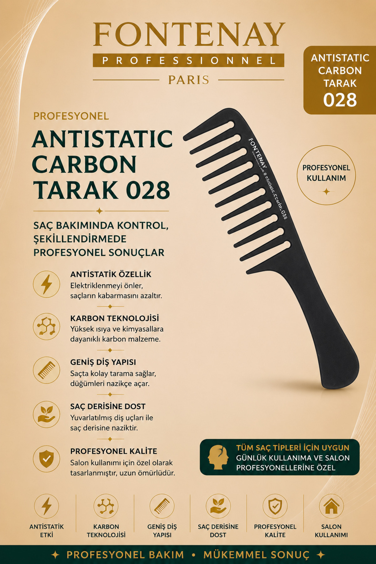 Fontenay Profesyonel Antistatic Carbon Tarak 028 — مشکی FN-630