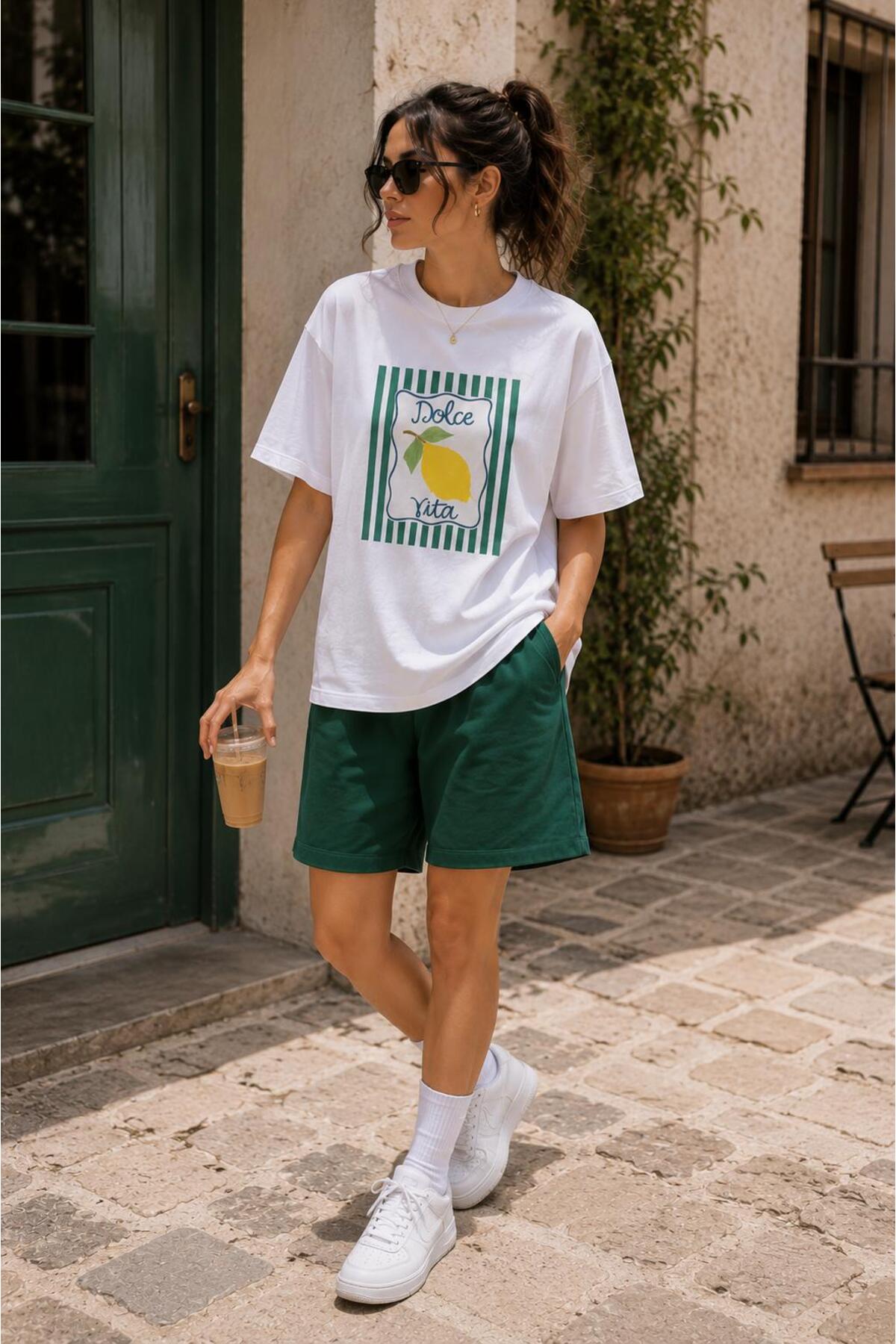 Green Shorts and White Dolce Printed T-Shirt Bottom Top Set