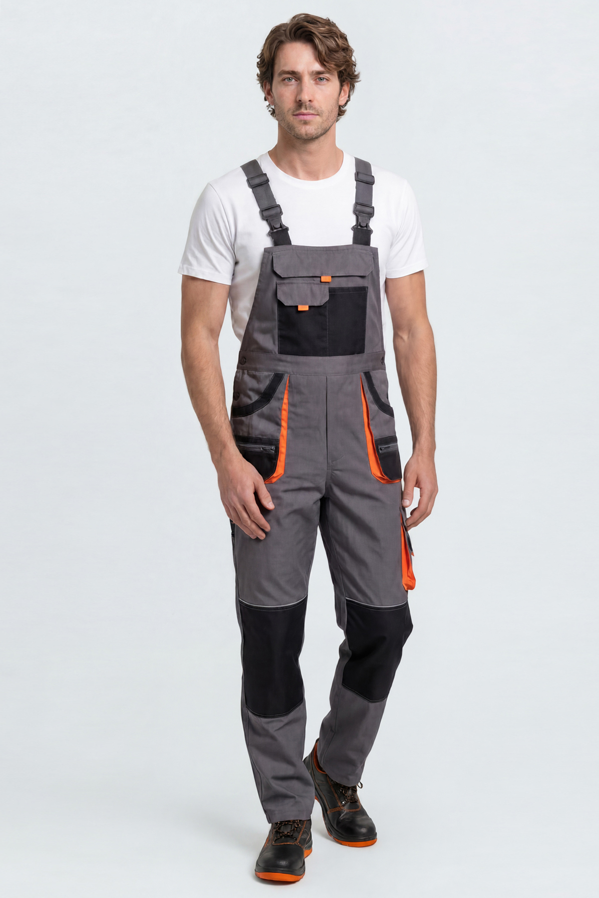 Men's Grey-Black Carl Be Overalls with Functional Pockets Adjustable Shoulder Strap Knee Slots