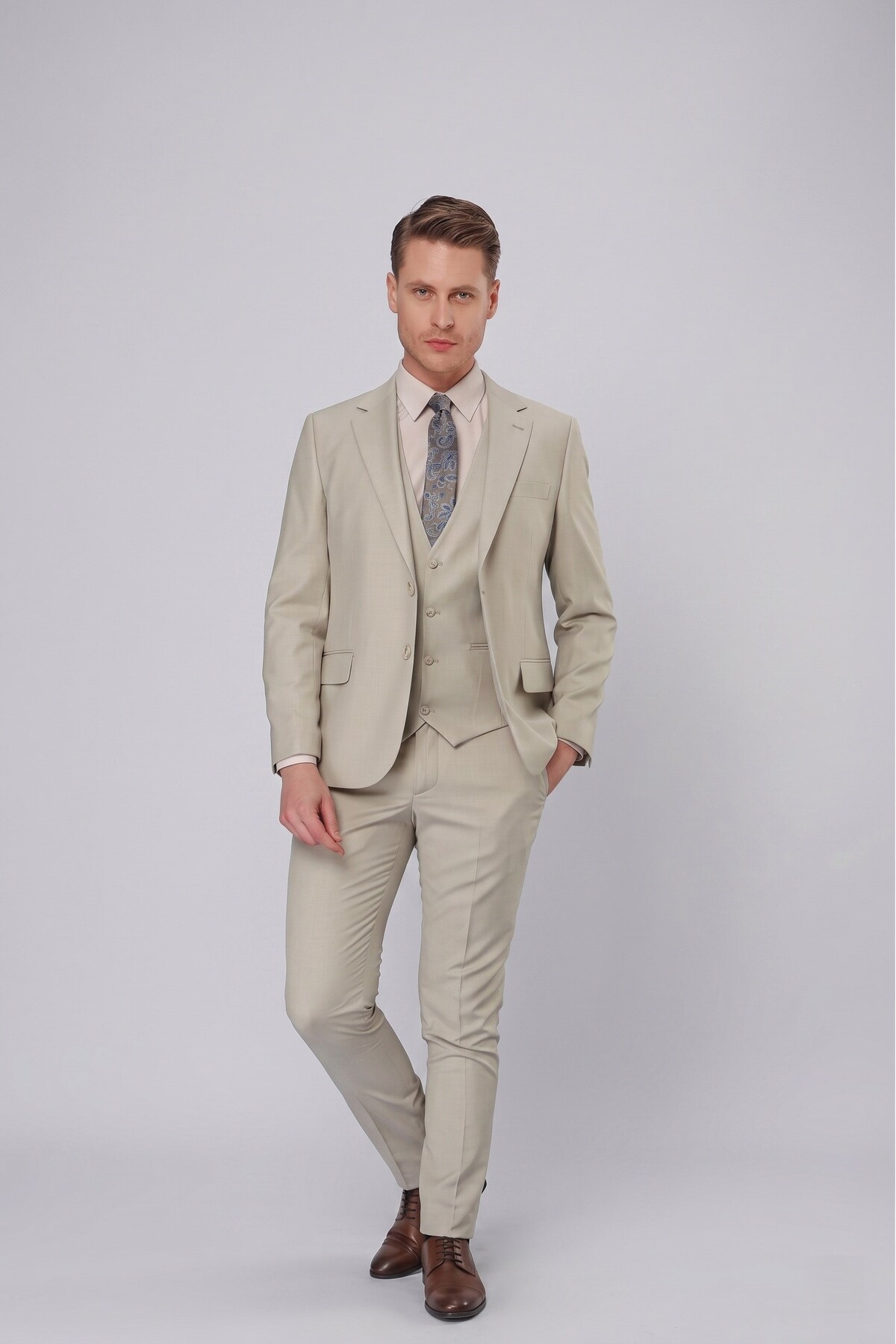 Efor Erkek Slim Fit Mono Yaka Düz Çağla Yelekli Takım Elbise TK 871 görsel 2
