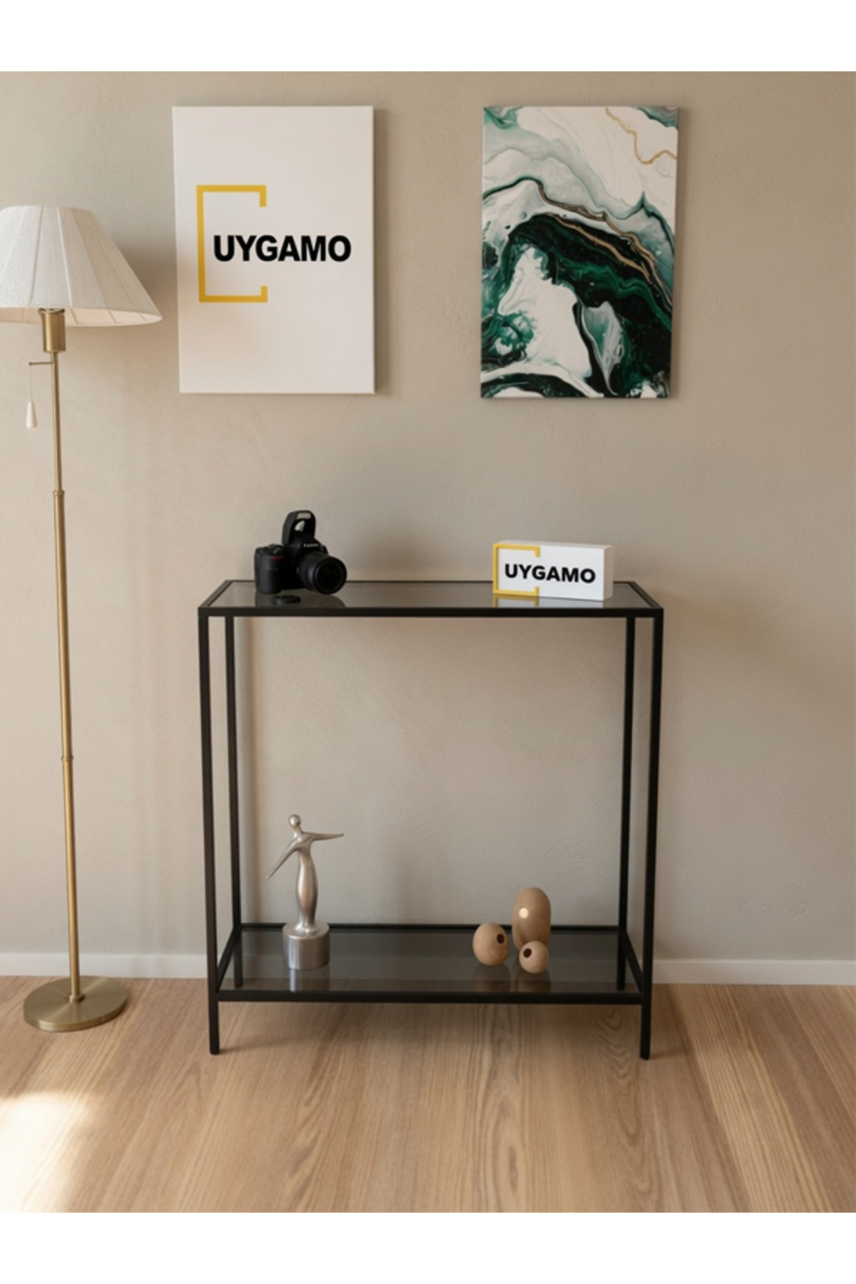 Joya Metal Dresuar Decorative Coffee Corner Console Multi Shelf Black Smoked Glass 80 cm