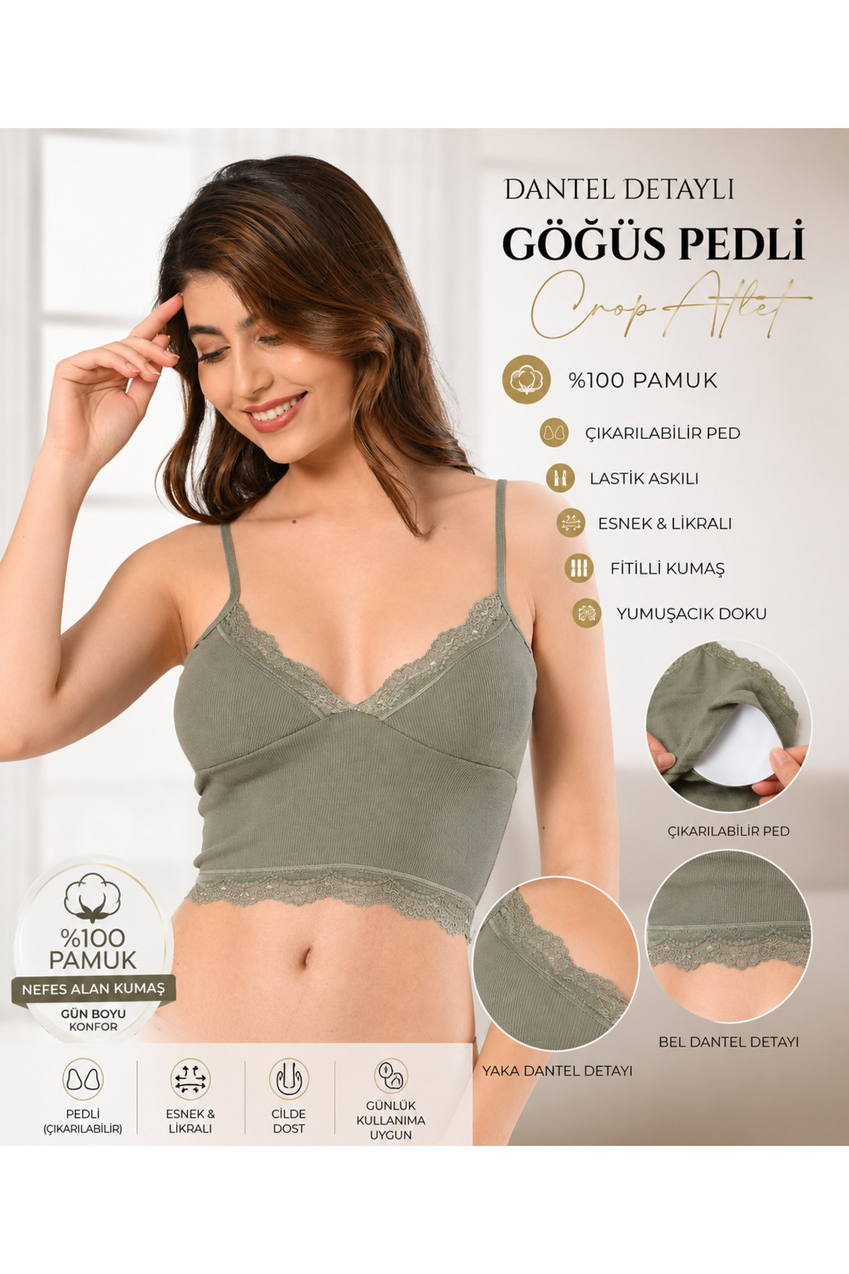 Gizem iç giyim TEKLİ ASKILI DANTELLİ PEDLİ BÜSTİYER BLUZ CROP