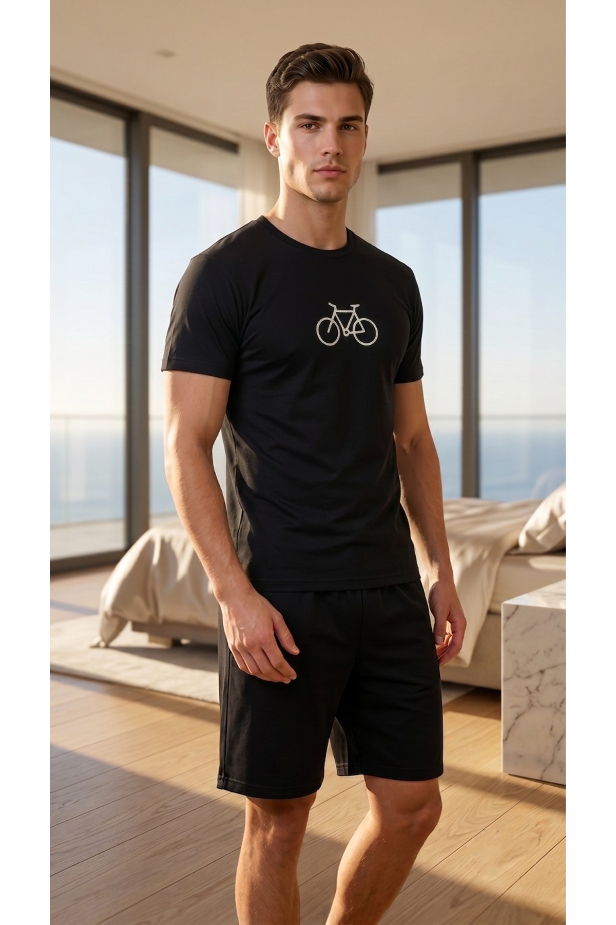 Sude HOMEWEAR Siyah Kısa Kollu Örme Nakışlı Erkek Şort Pijama Takım görsel 2
