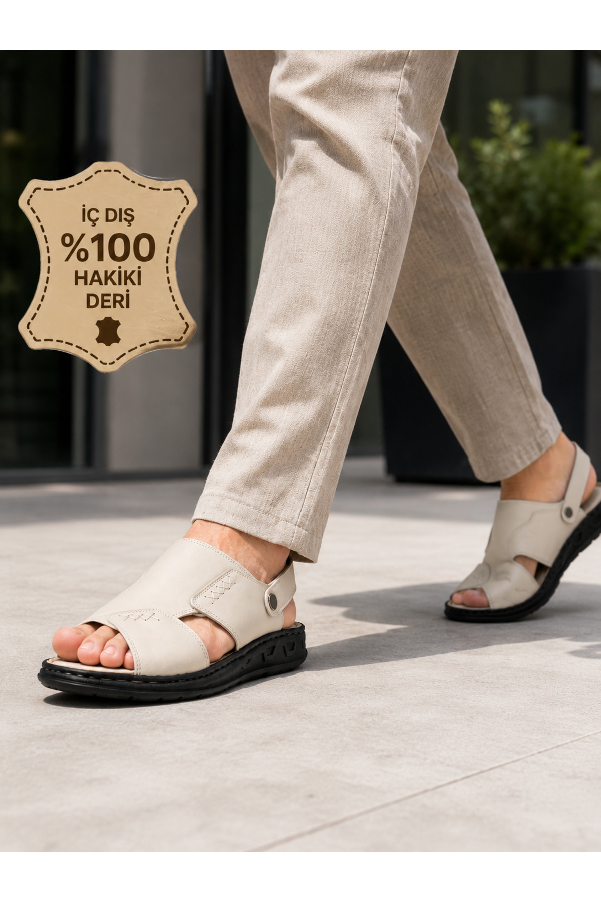Cooka Shoes Erkek Siyah Hakiki Deri Sandalet Terlik – İç Dış %100 Deri, Konforlu ve Şık Günlük Kullanım – Krem