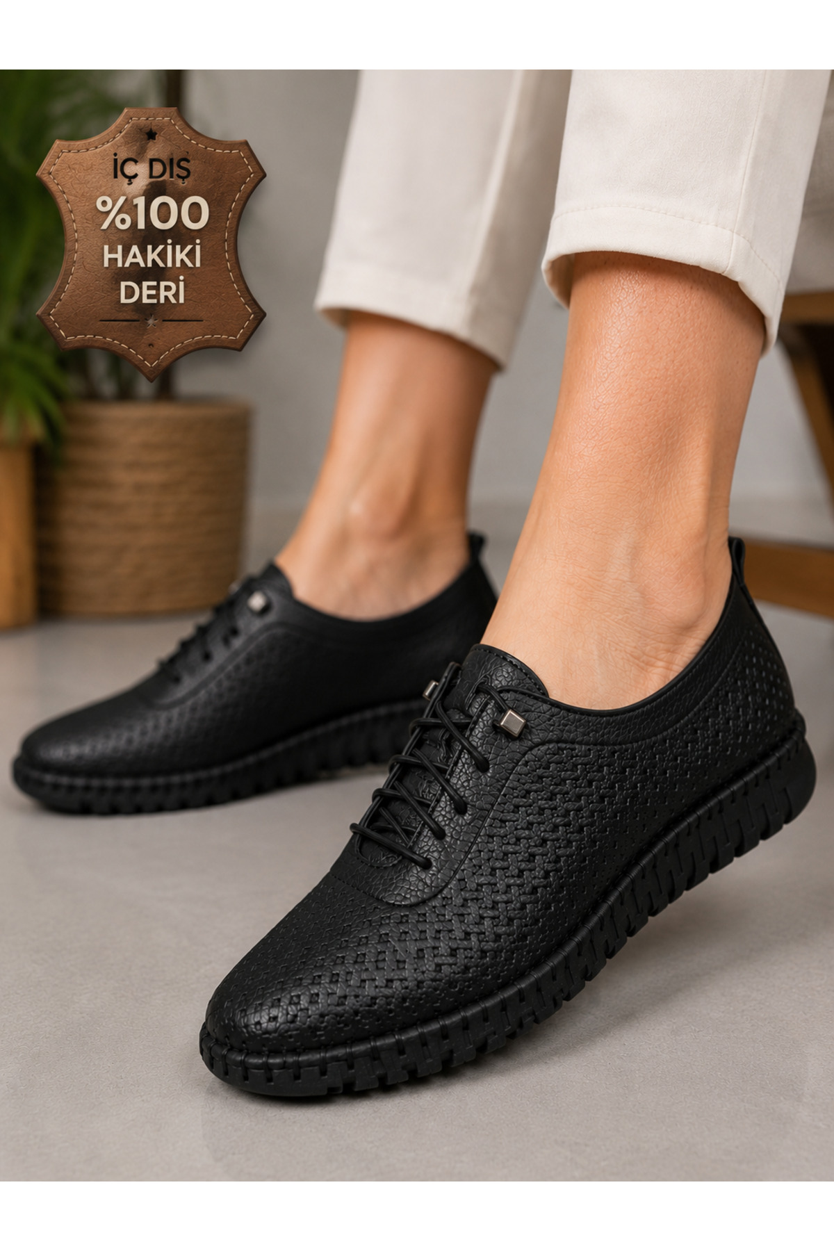 Cooka Shoes Kadın Siyah Hakiki Deri Anne Ayakkabısı Ortopedik Günlük Yürüyüş Ayakkabısı