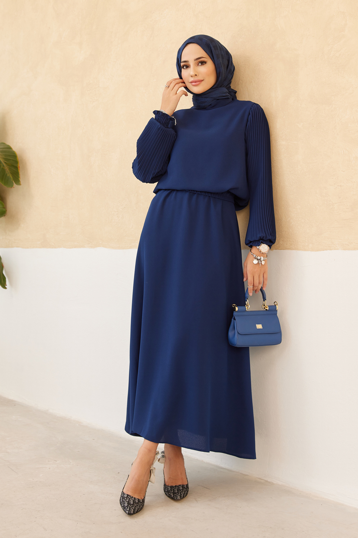 VAVİNOR Pleated Sleeve Skirt Tunic Set - Indigo